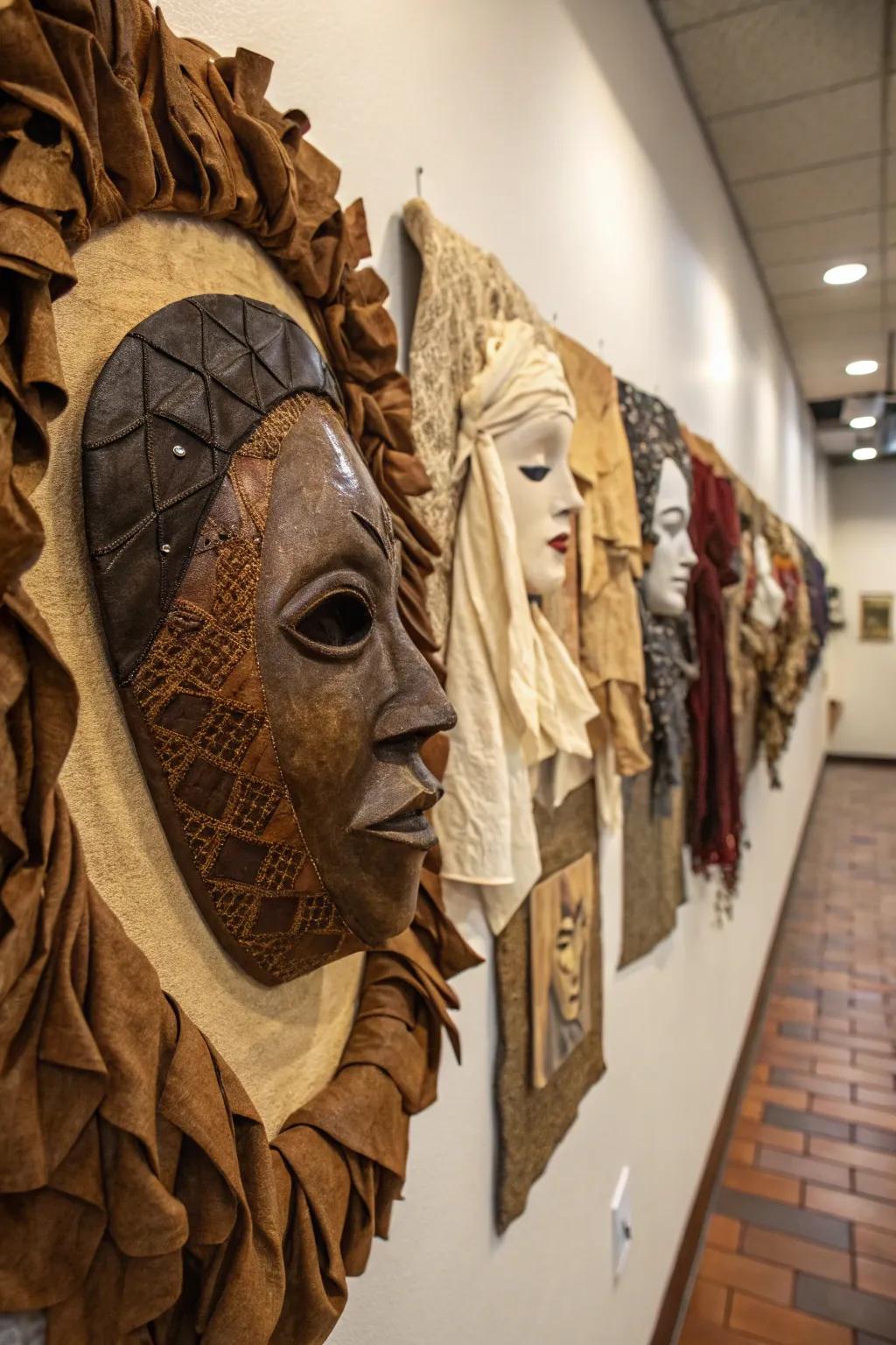 Layered textures in masks create a visually and tactilely engaging wall.