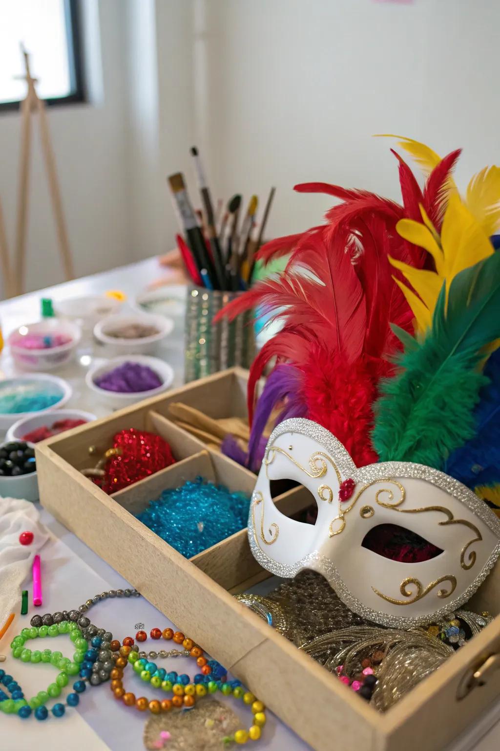 A creative mask station for guests to personalize their masquerade masks.