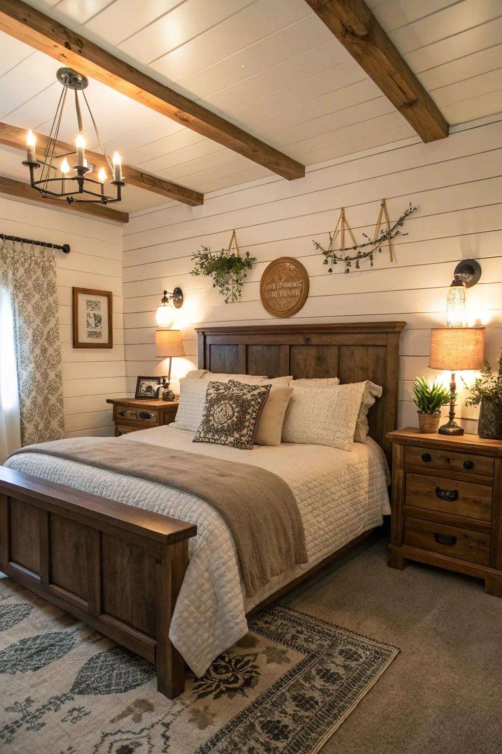 Shiplap walls provide a modern farmhouse charm to your bedroom.