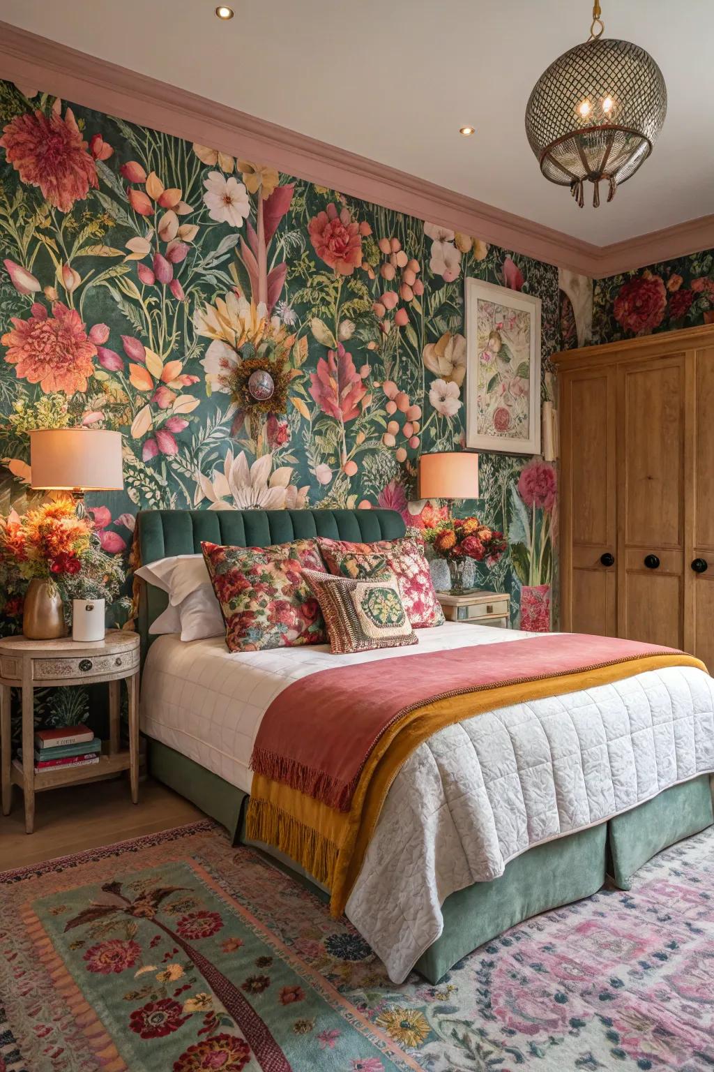 Floral wallpaper adds a touch of nature to this bedroom.