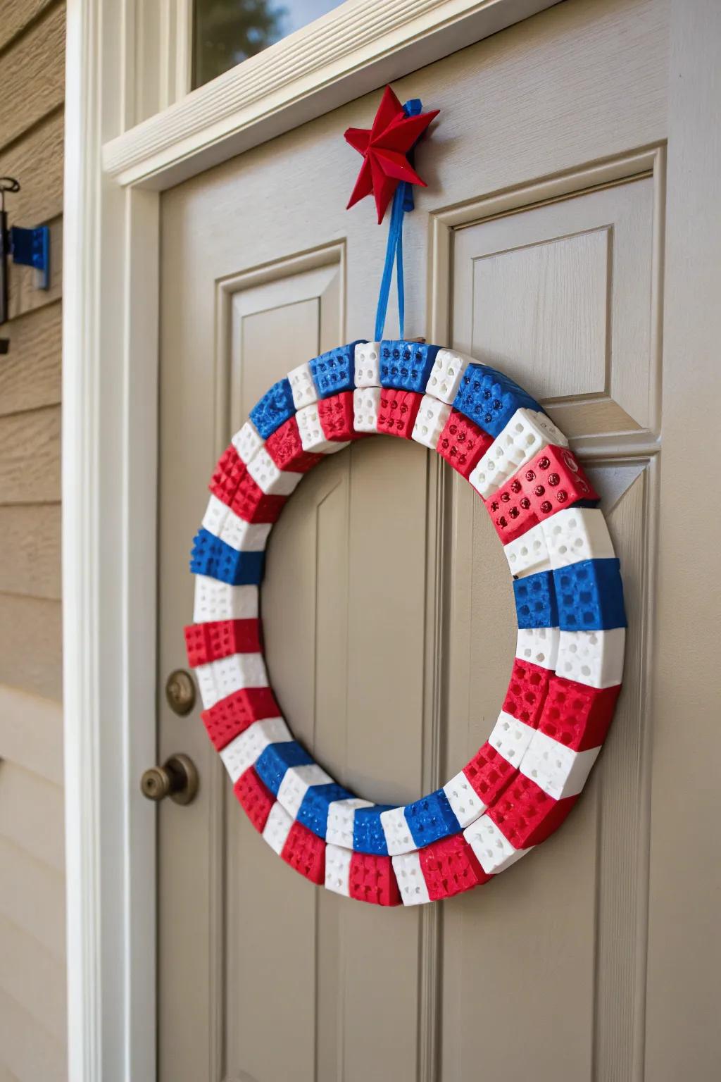 A playful and creative Lego wreath in patriotic colors.