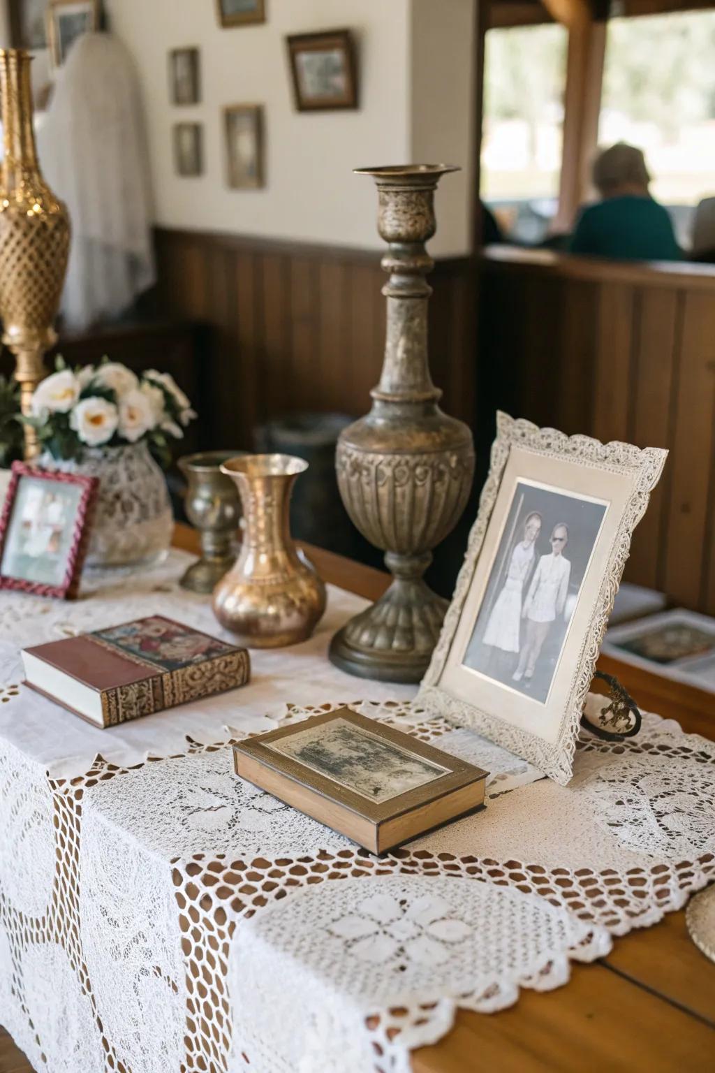 Vintage elements bring nostalgic charm and elegance to the memory display.