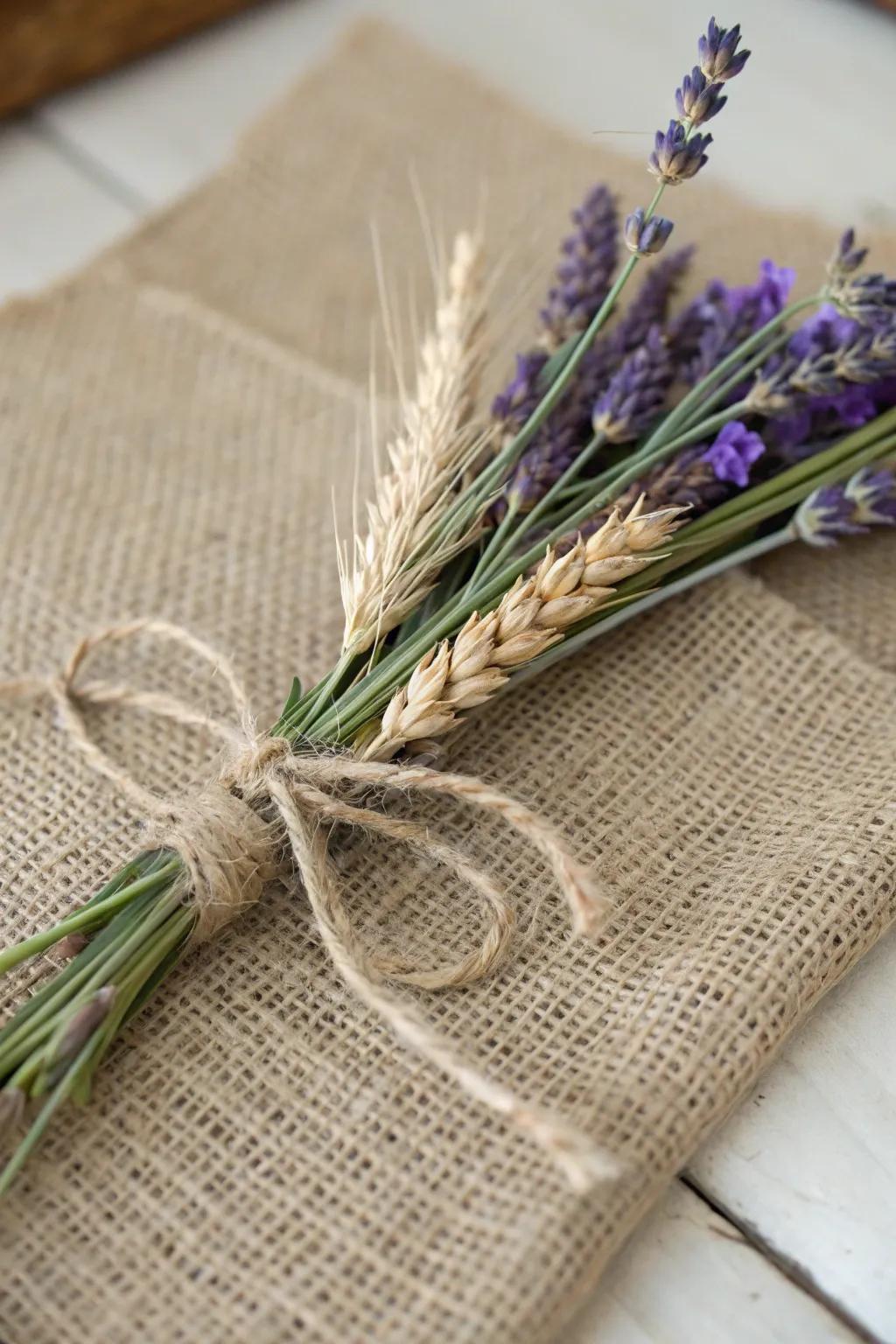 Wheat and lavender create a rustic and elegant look.