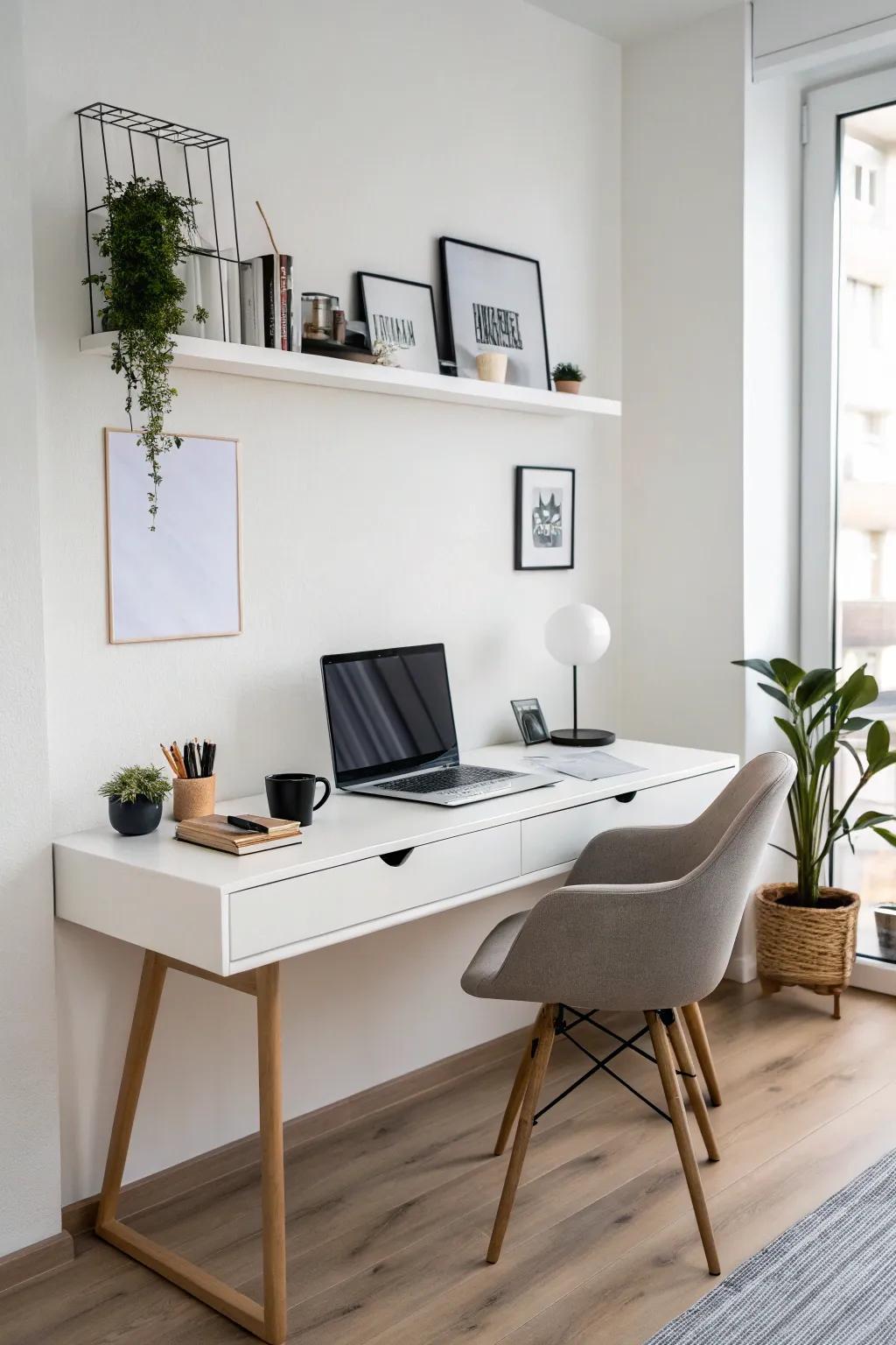 A floating desk provides a clean and sophisticated workspace.