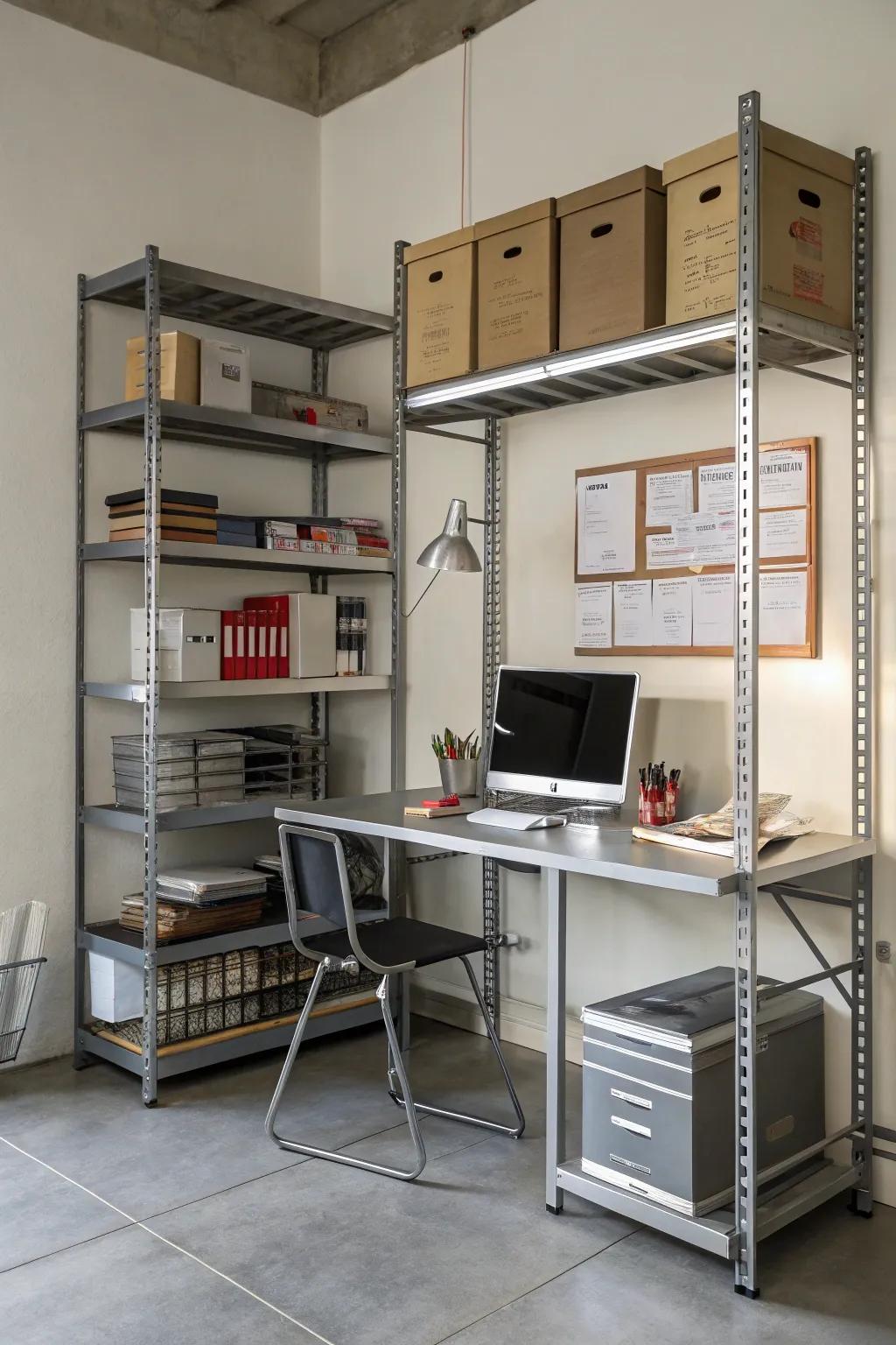 Metal shelves and a steel desk introduce a rugged industrial charm.