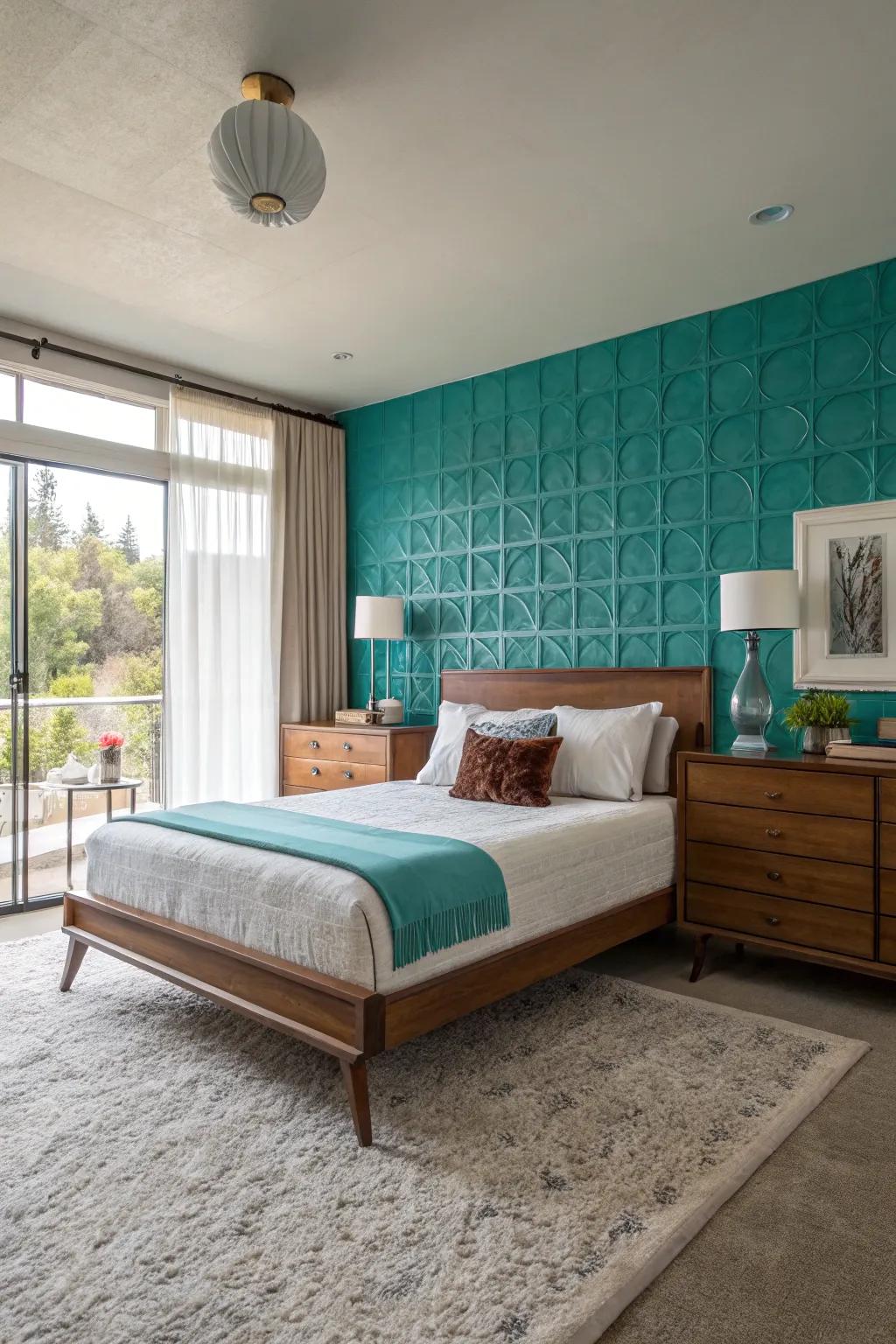 A striking accent wall transforms this mid-century modern bedroom into a stylish retreat.