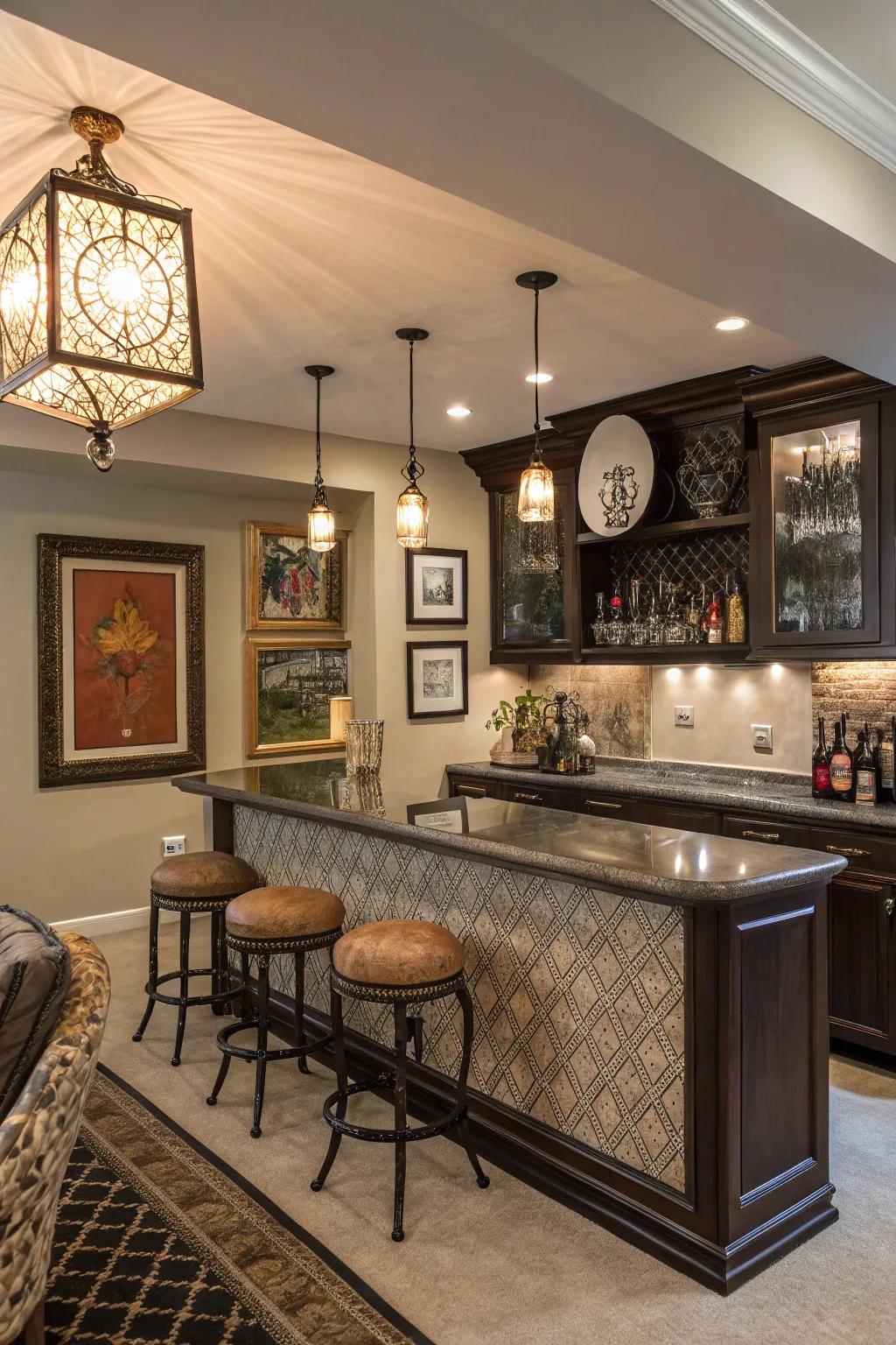 Art and decor personalize and elevate a home bar setting.