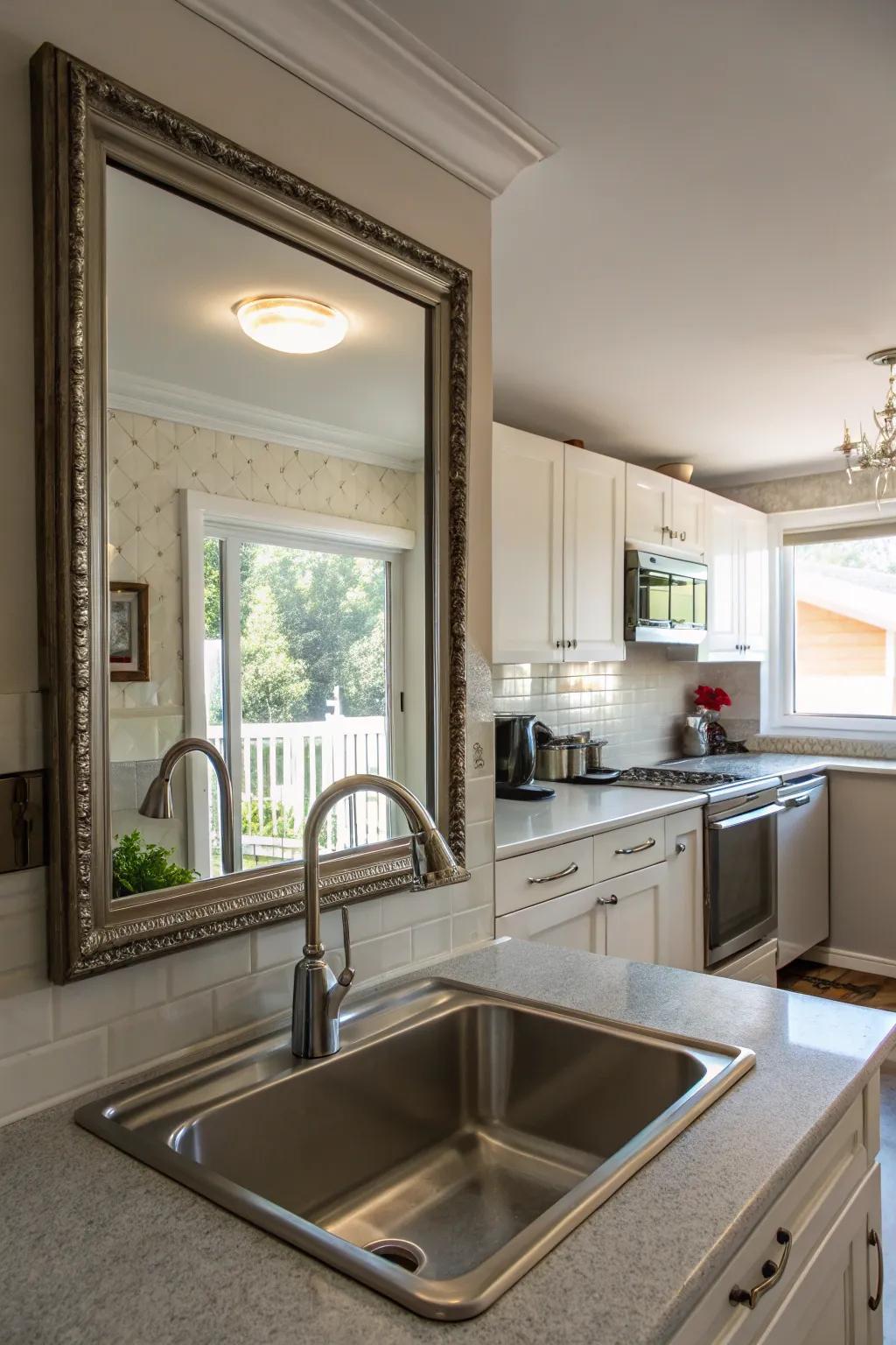 A mirror above the sink opening up the kitchen space.