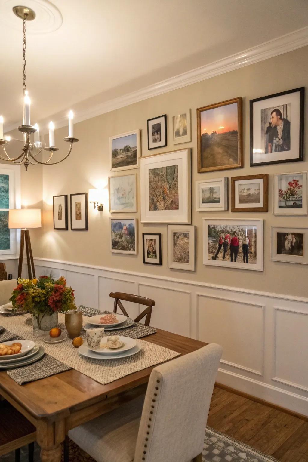 A gallery wall can make your dining room feel personal and inviting.