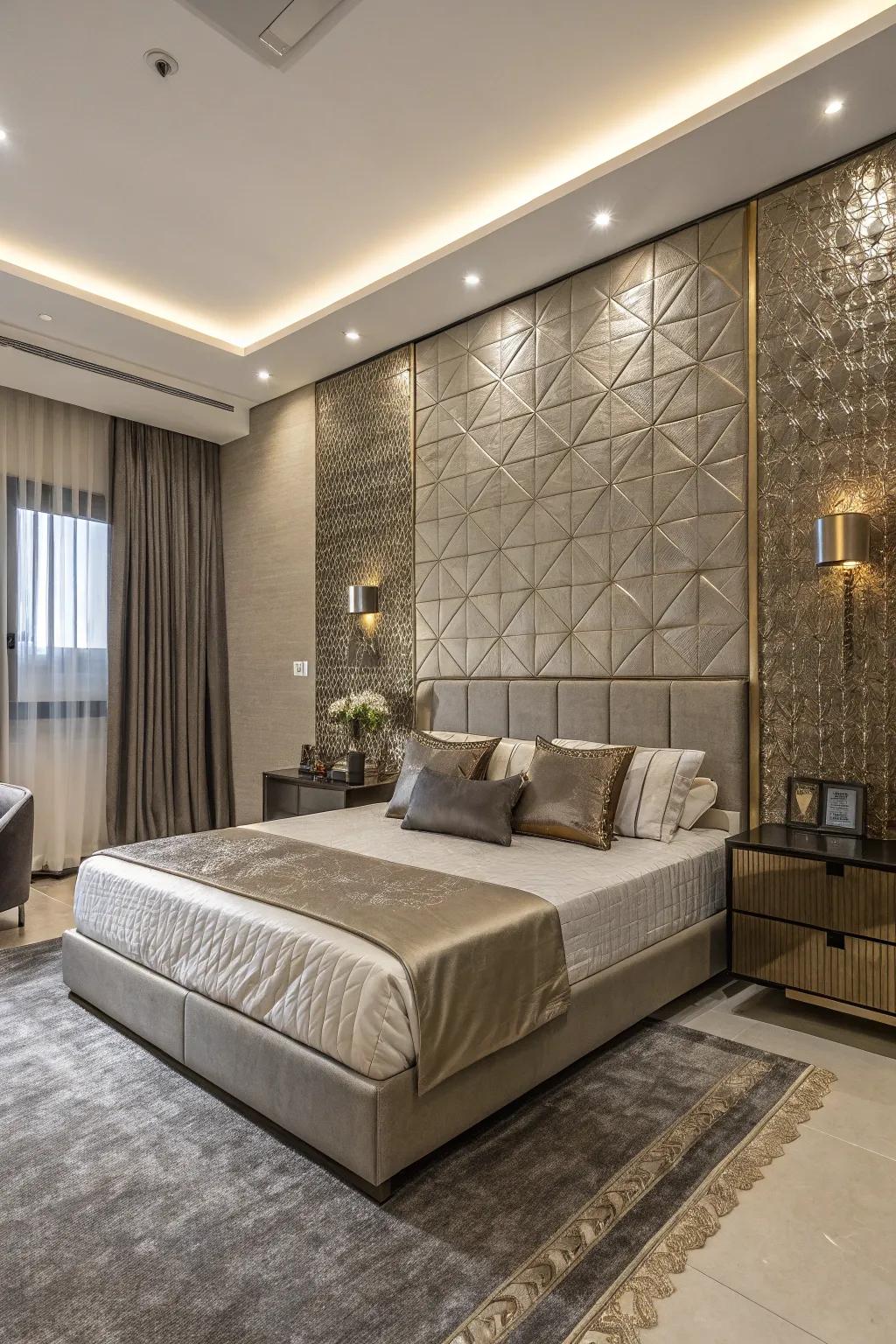 Metallic accents add a touch of glamour to your bed wall.