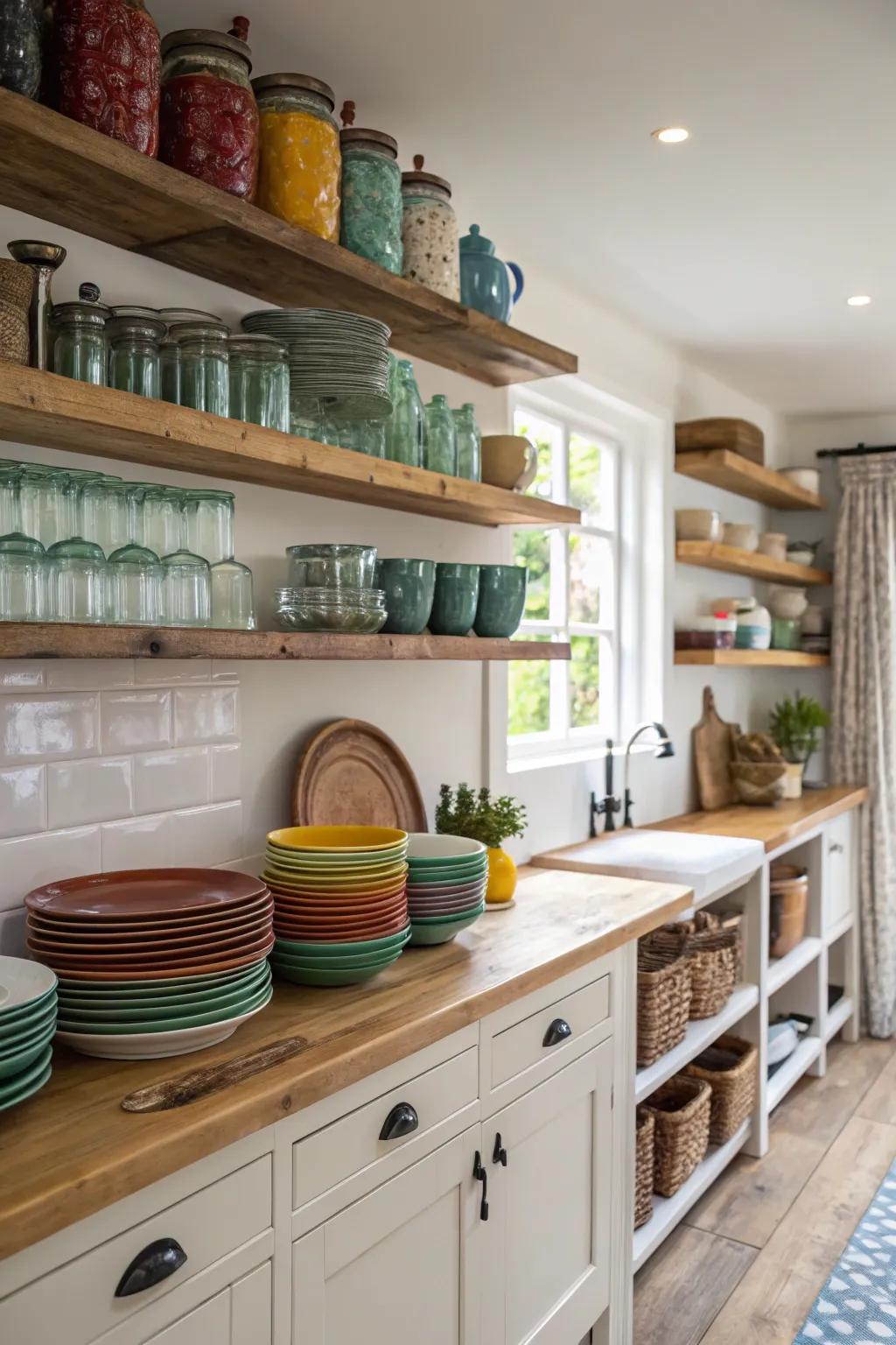 Open shelving adds character and functionality to this farmhouse kitchen.