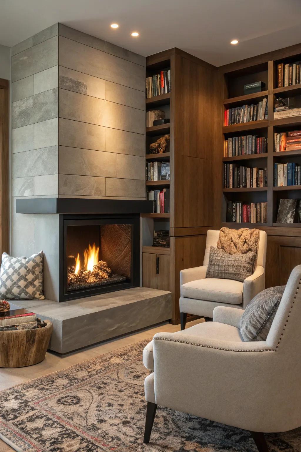 A corner fireplace that turns an unused space into a cozy retreat.