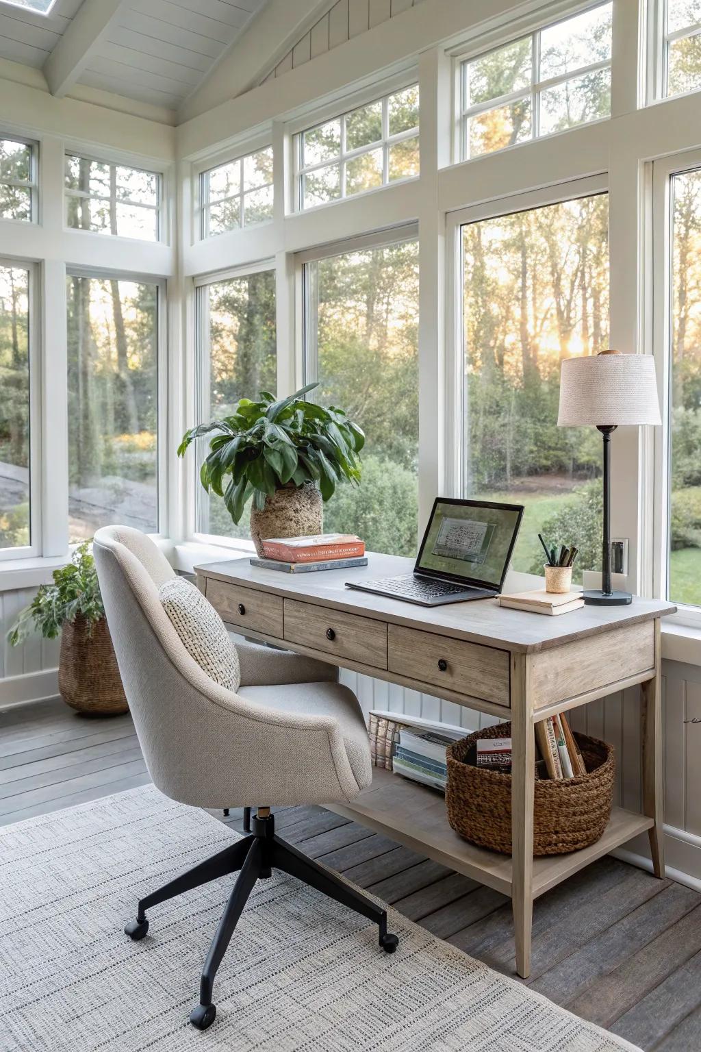 A sunroom turned home office, blending productivity with nature.