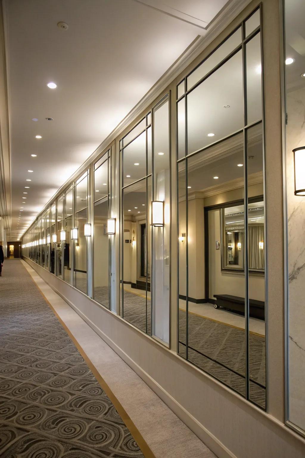 Mirrored panels on a half wall enhance light and space.