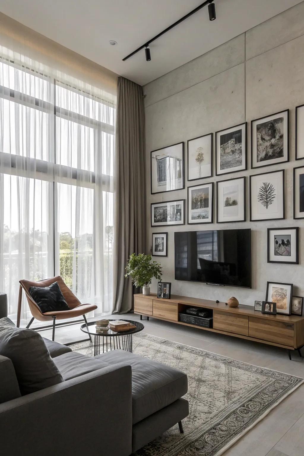 A gallery wall integrates the TV into an artistic display.