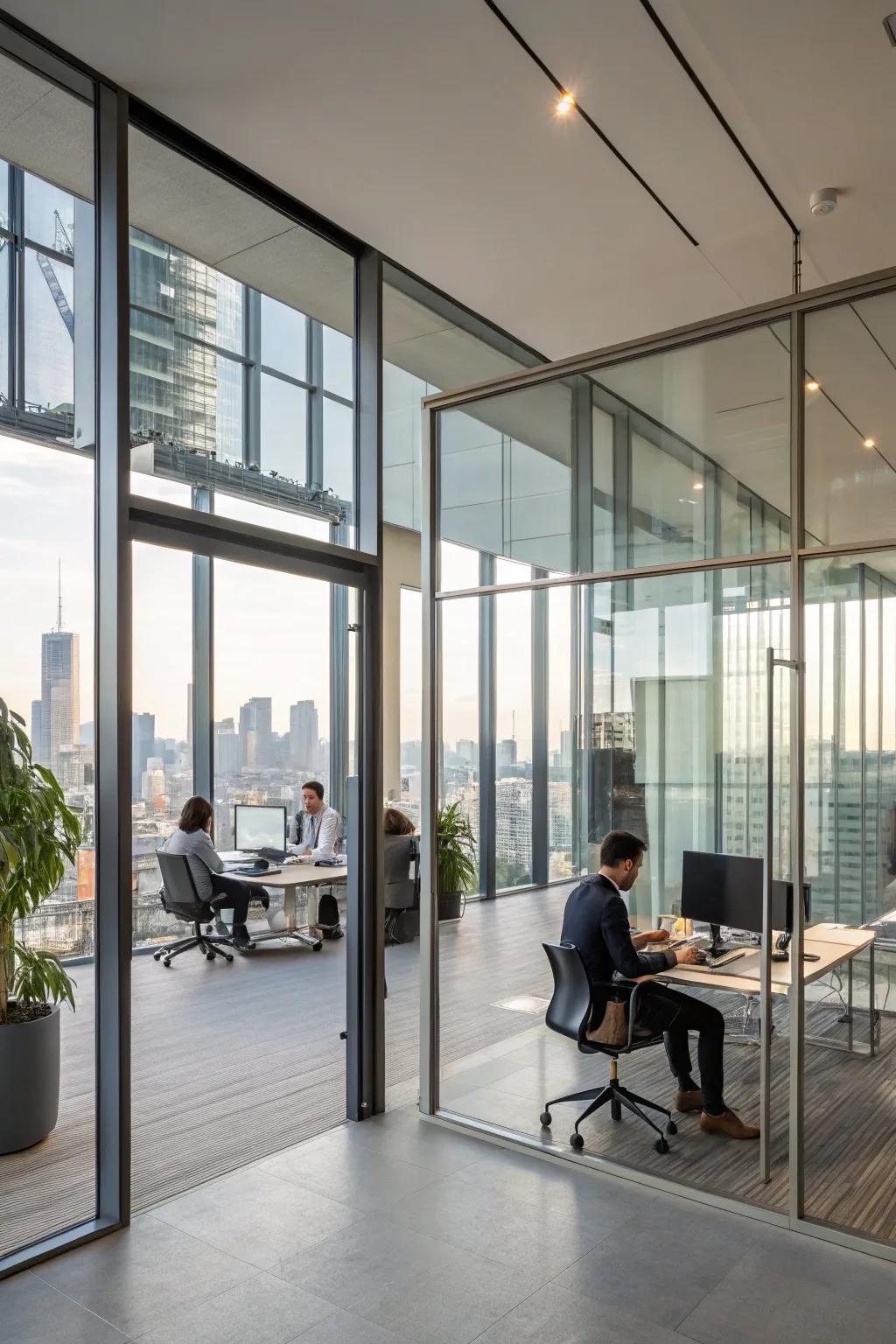 A modern office featuring glass walls and doors for transparency.