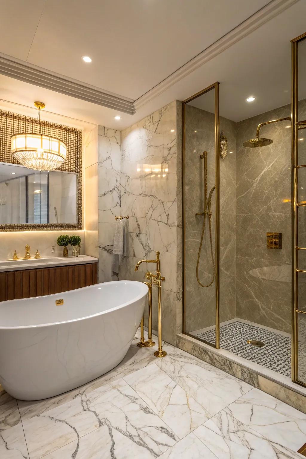 A luxurious bathroom featuring a combination of a freestanding tub and a shower.