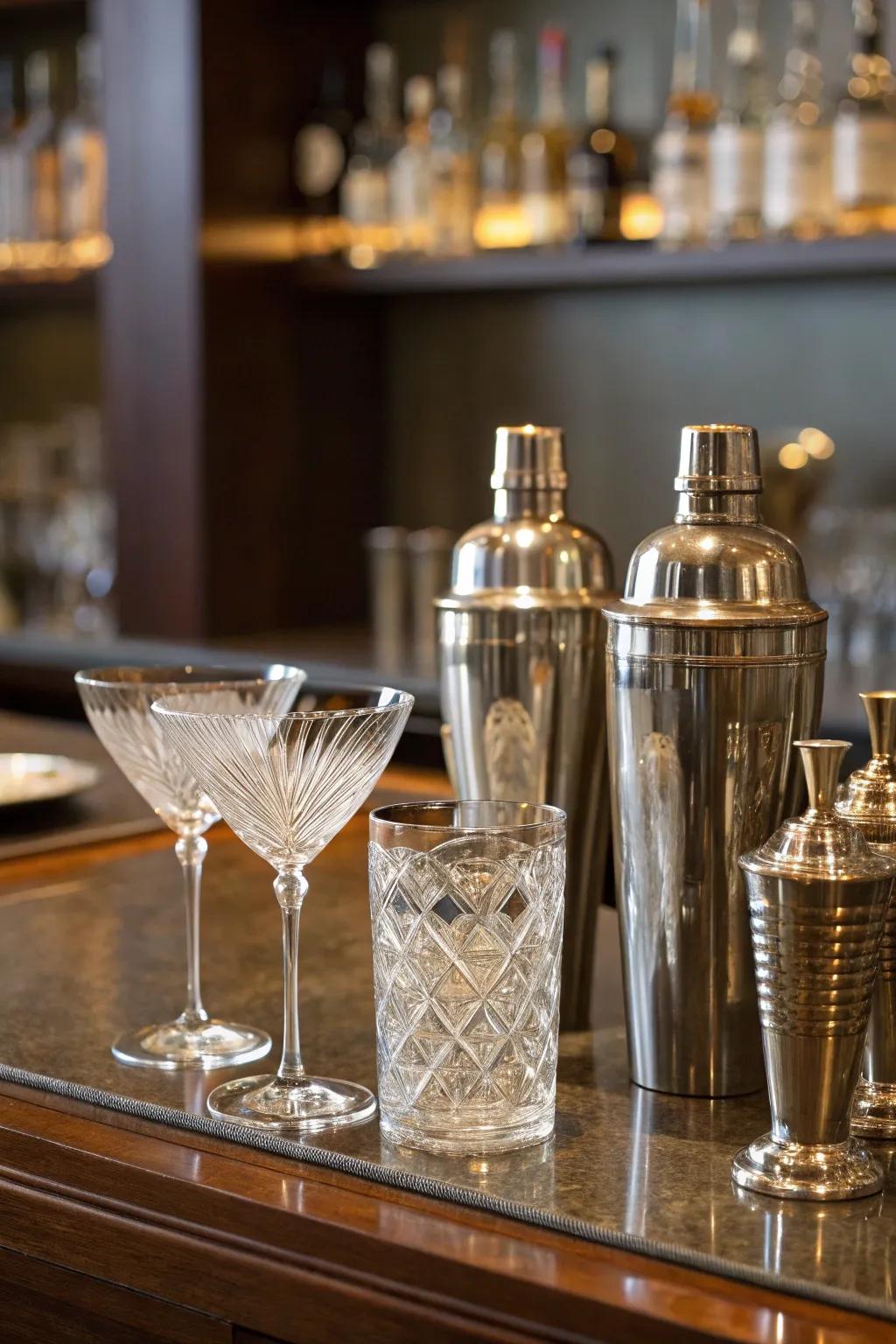 Curated vintage barware elevates the authenticity of your speakeasy.