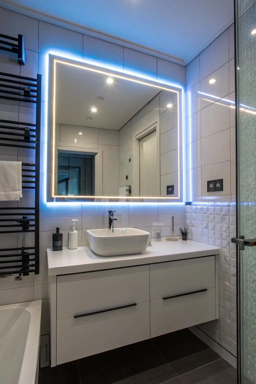 Futuristic LED strips bring a modern edge to bathrooms.