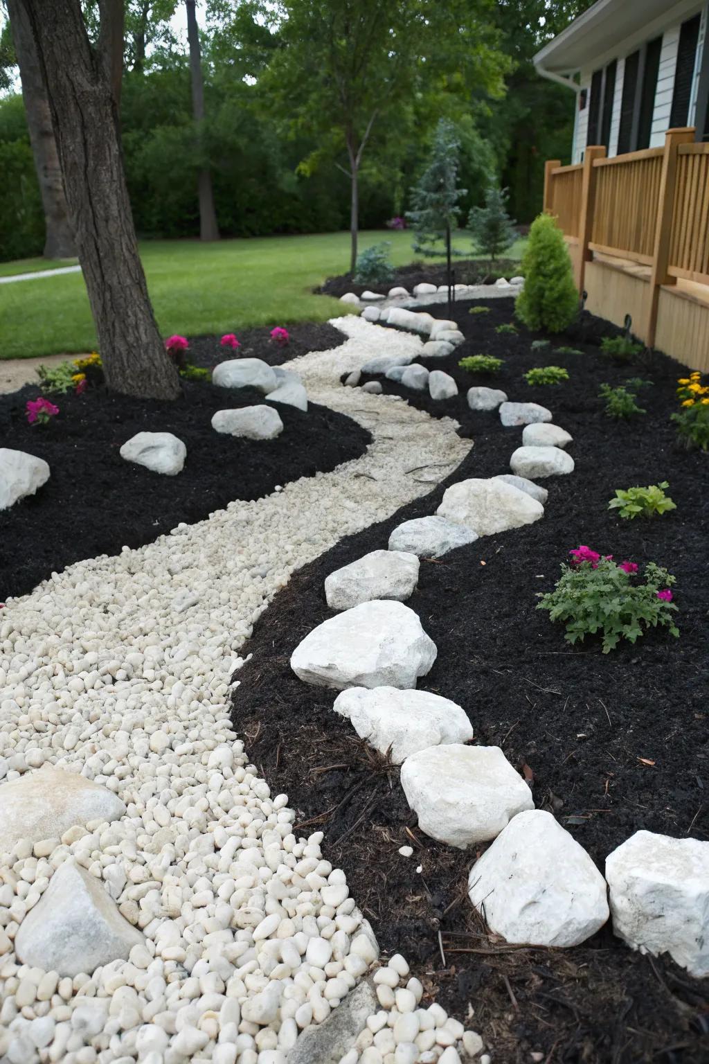 A garden with a striking contrast of white rocks against black mulch, enhancing visual appeal.