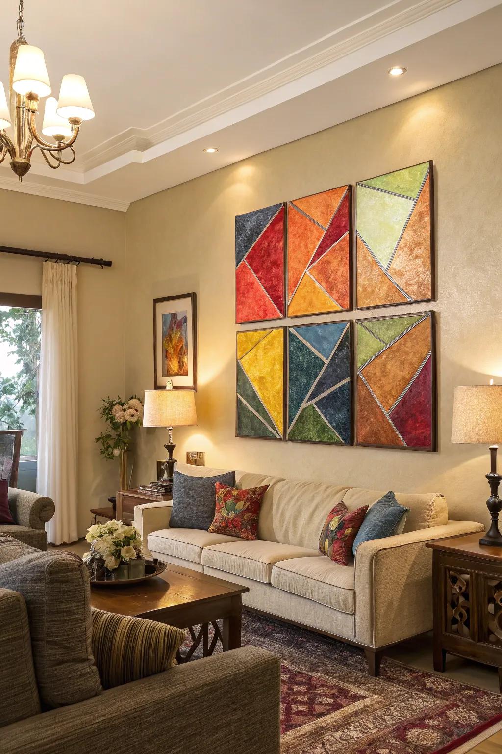 Interlocking abstract designs across multiple canvases, creating a bold statement in the living room.