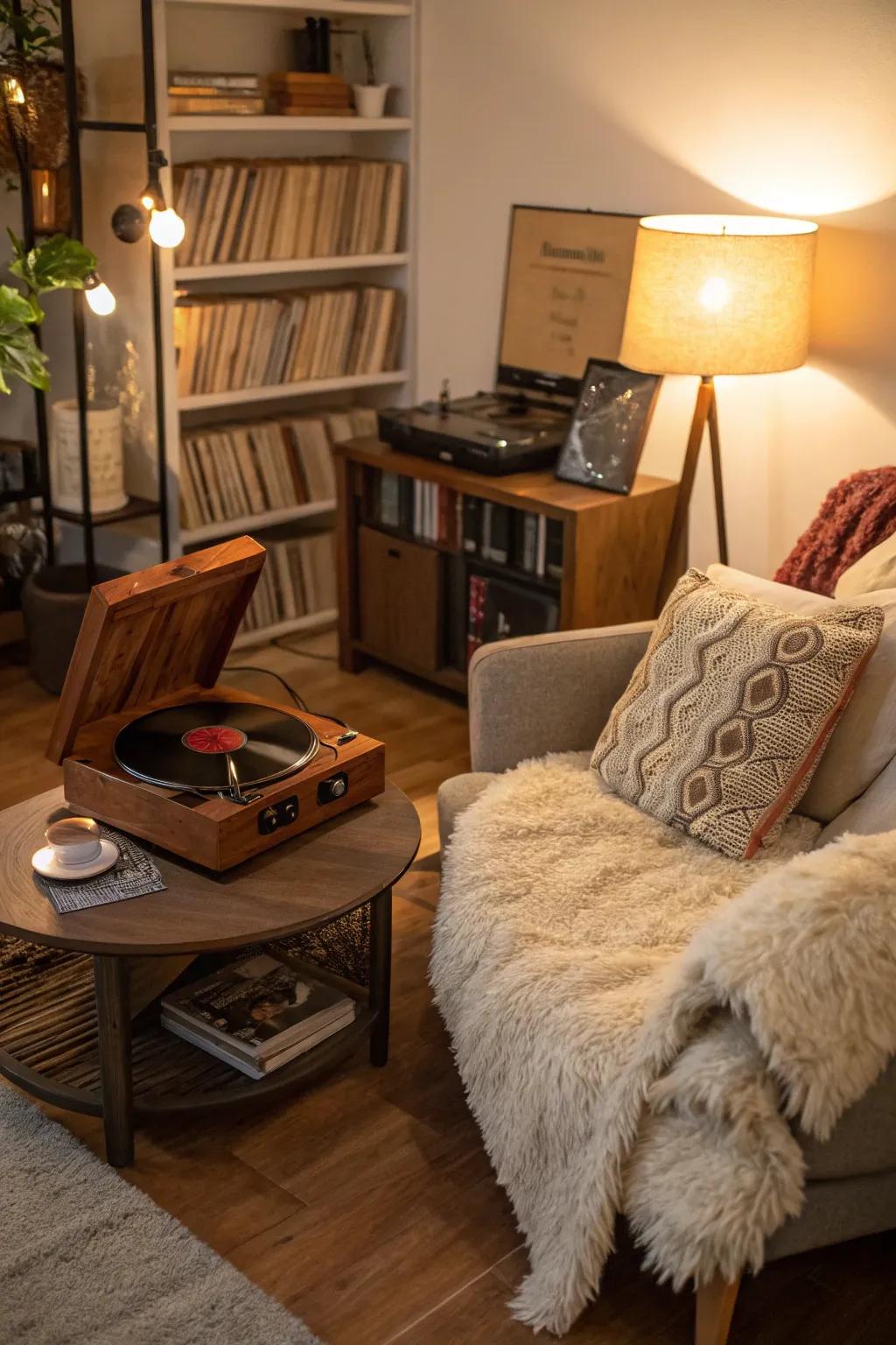 A listening nook offers a personal retreat for music enjoyment.