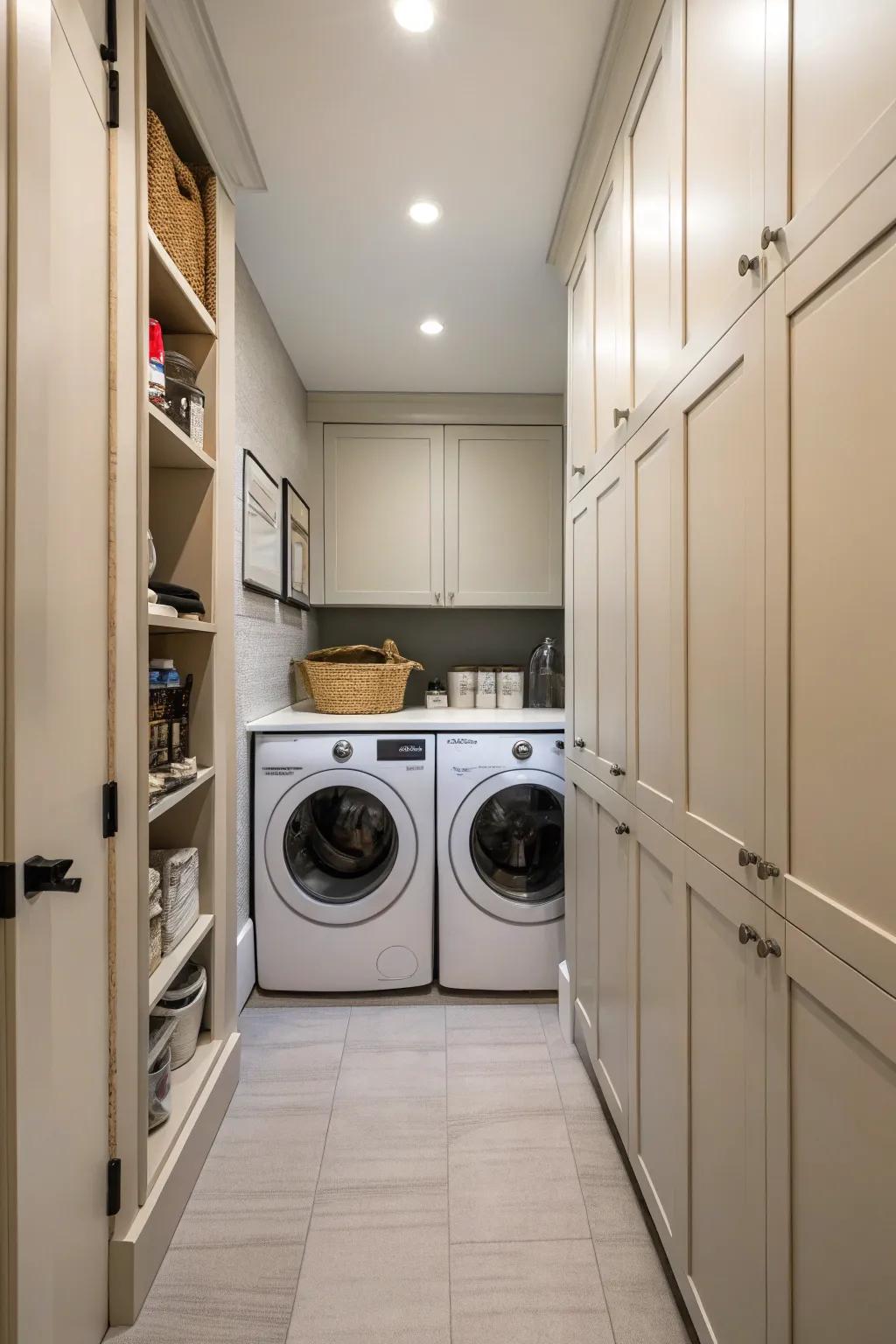 Hidden laundry nooks maintain a tidy and streamlined appearance.