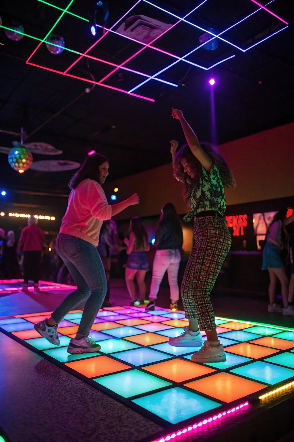 A neon dance floor with glowing colors, bringing the party to life with energetic dancing.