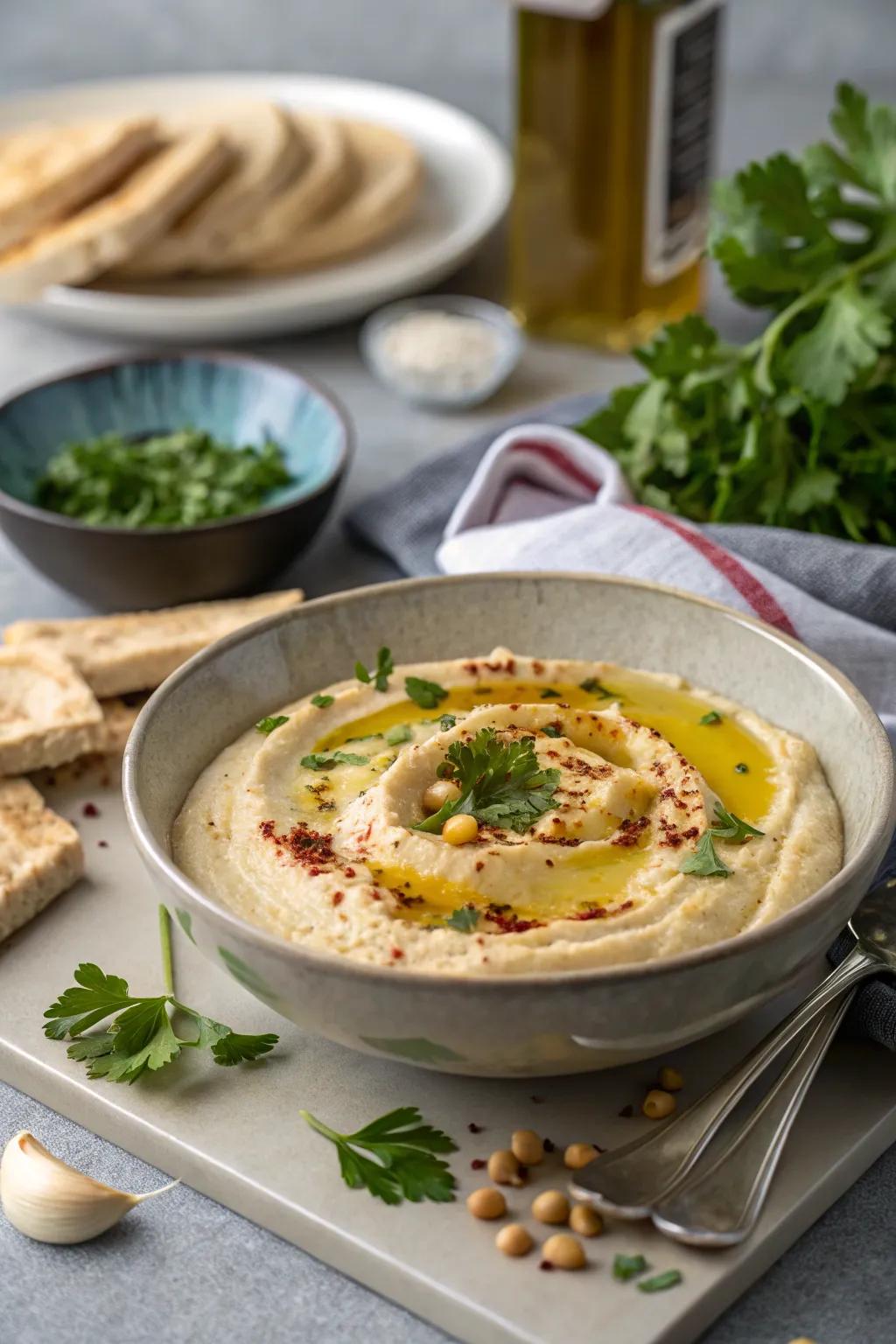 Roasted garlic hummus: A delightful appetizer for all.