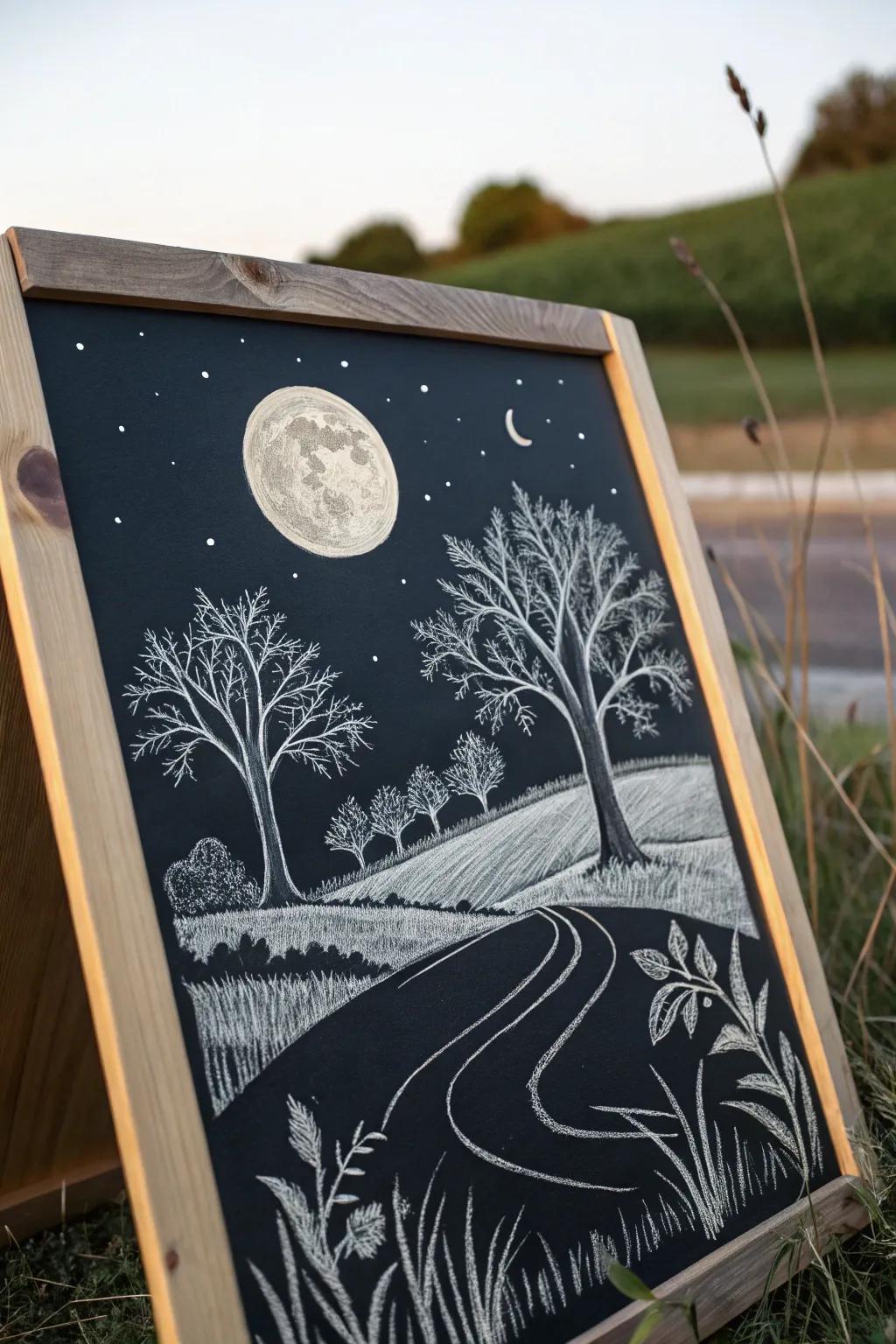 A harvest moon chalkboard scene capturing the tranquility of fall nights.
