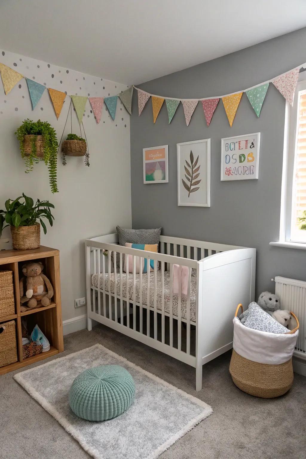 A versatile nursery with soft grey tones.