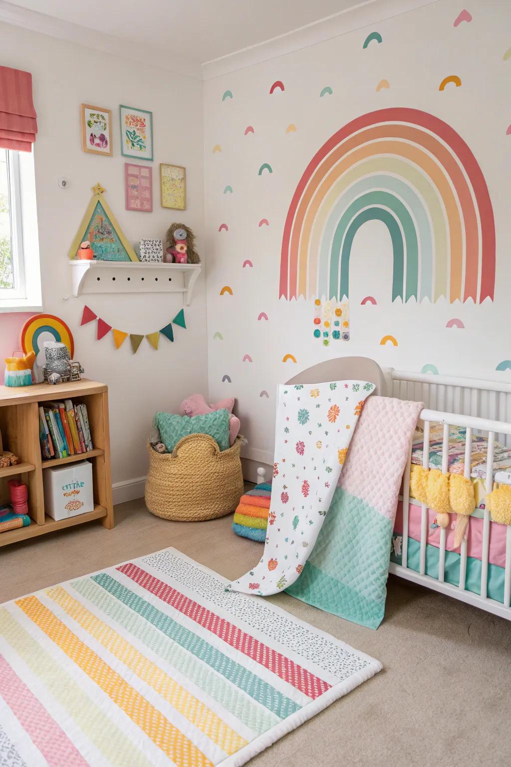 A colorful rainbow-themed nursery that radiates joy and happiness.