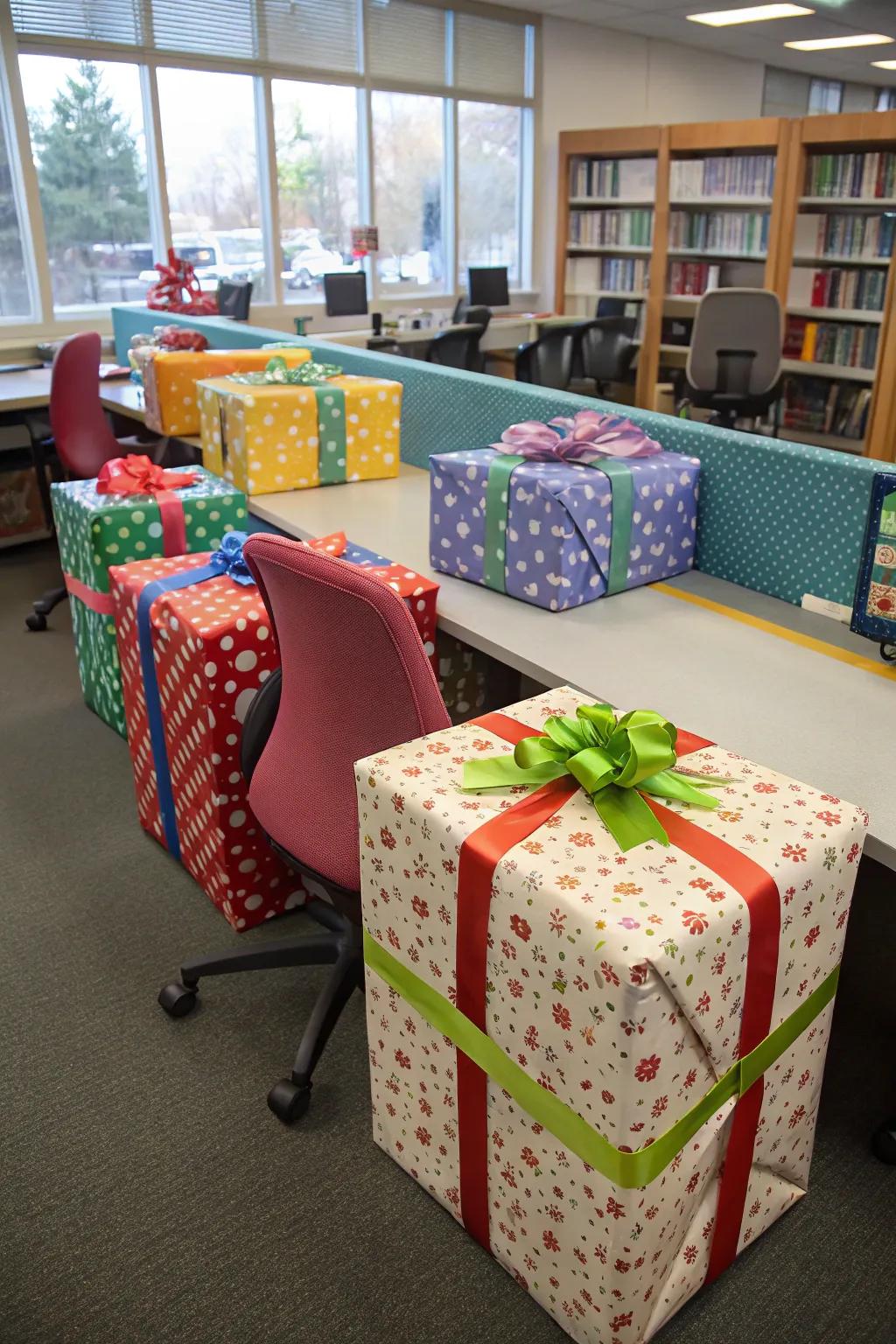 Gift wrapping transforms ordinary office furniture into festive surprises.