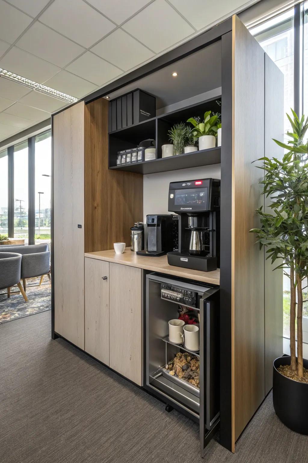 A hidden coffee bar keeps your space looking sleek and tidy.