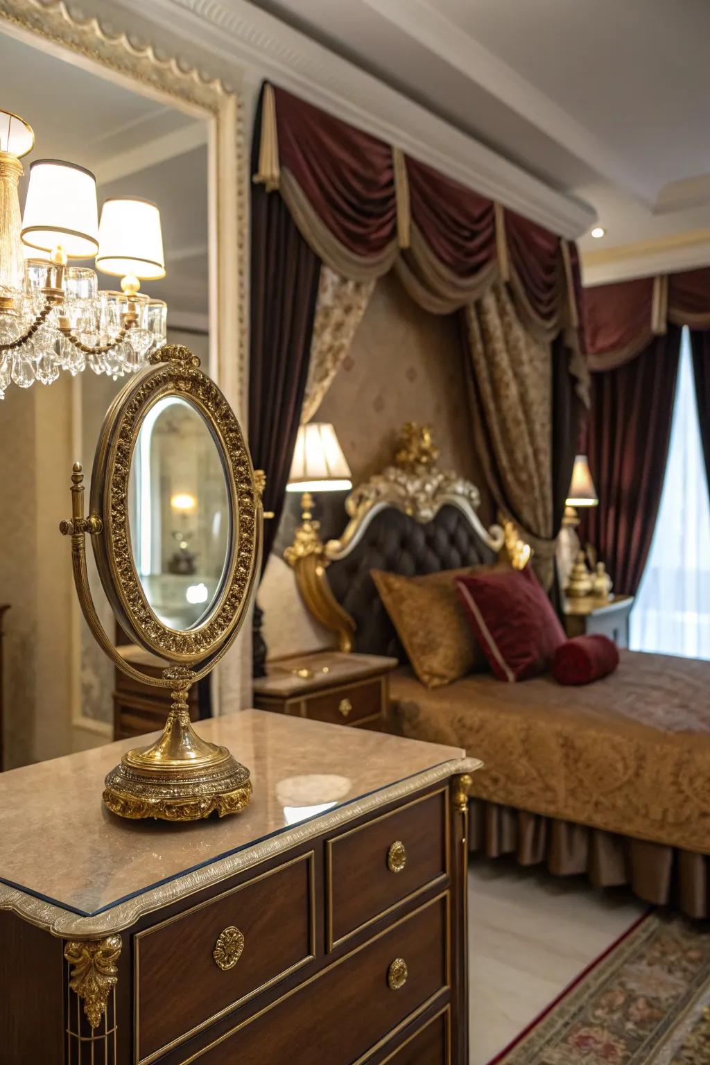 Decorative mirrors enhance opulence.