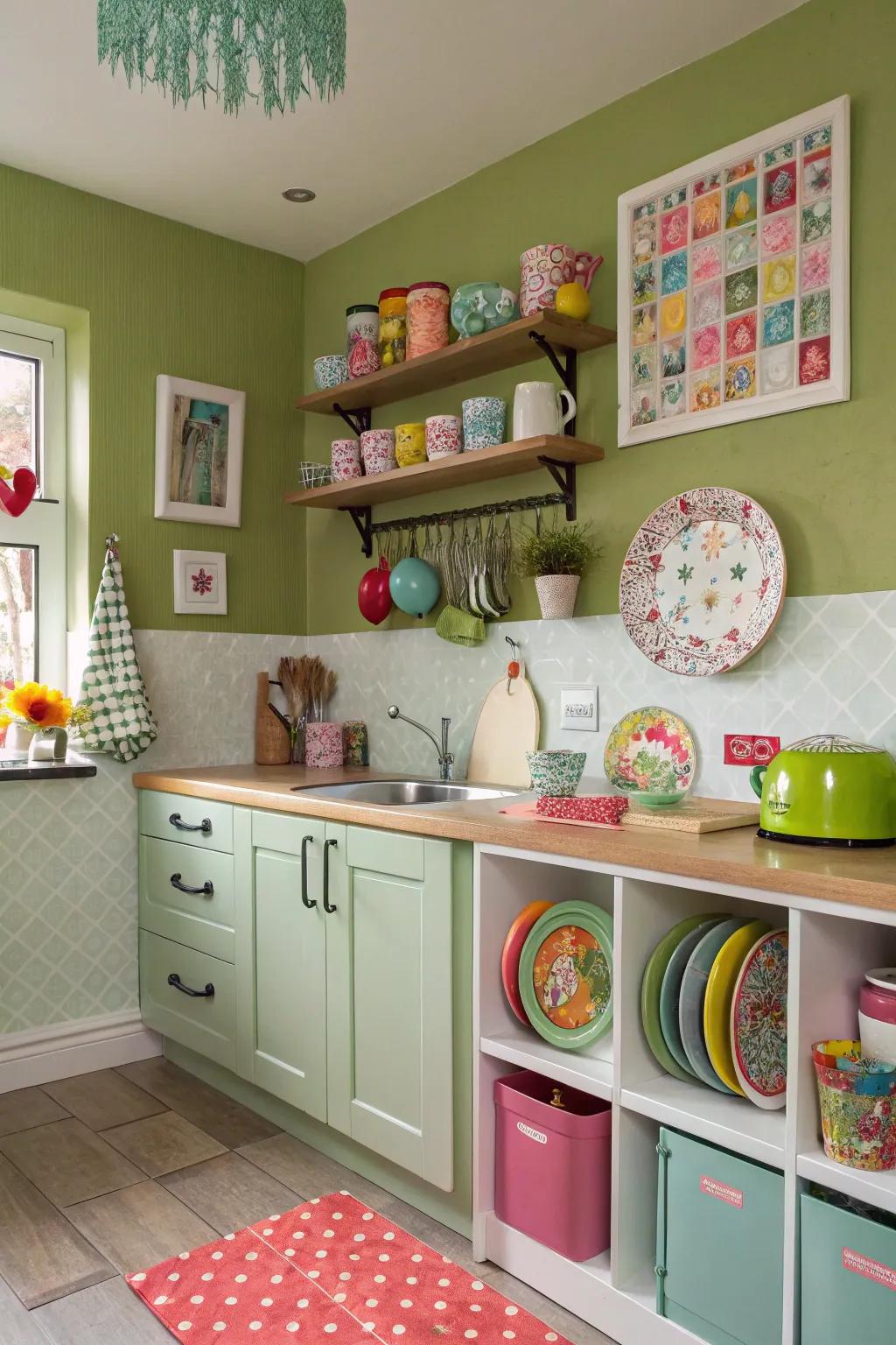 Olive green walls bring a fresh touch to the kitchen.