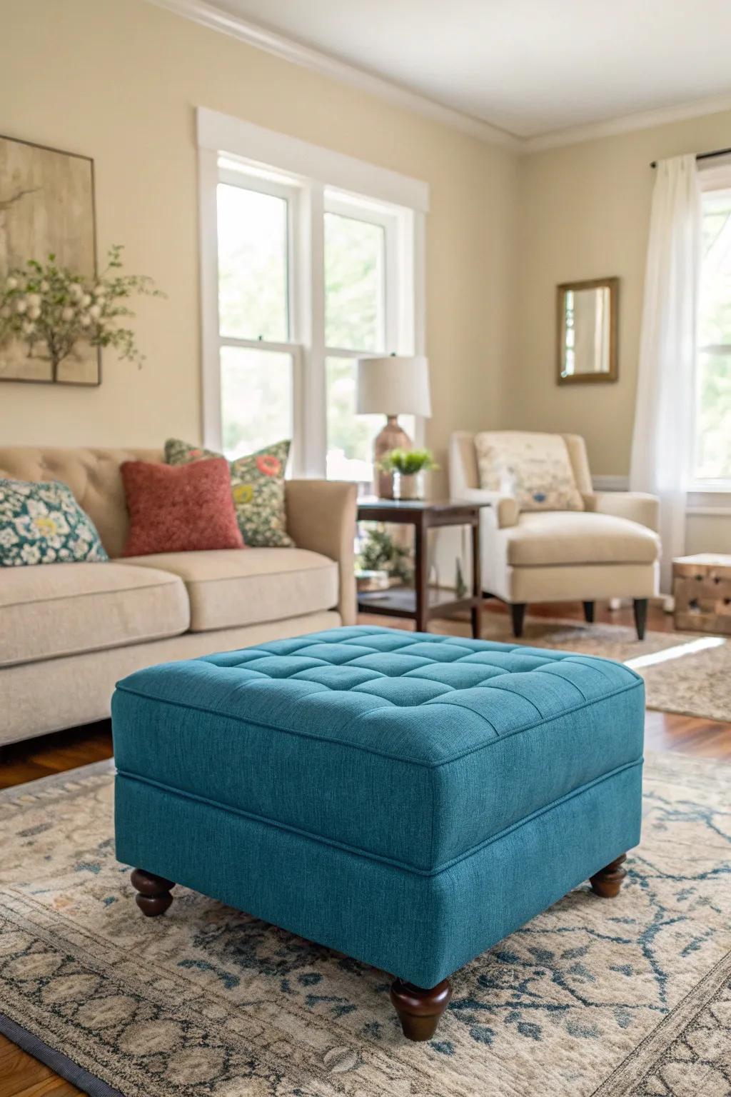 A bold ottoman serves as a striking design accent in a neutral room.