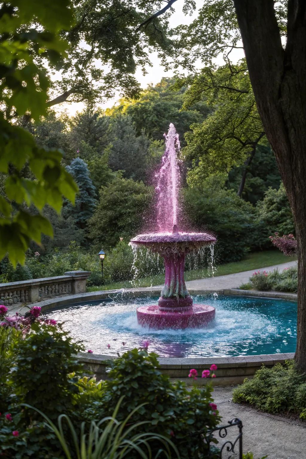 A garden fountain with colored water creates a stunning visual reveal.