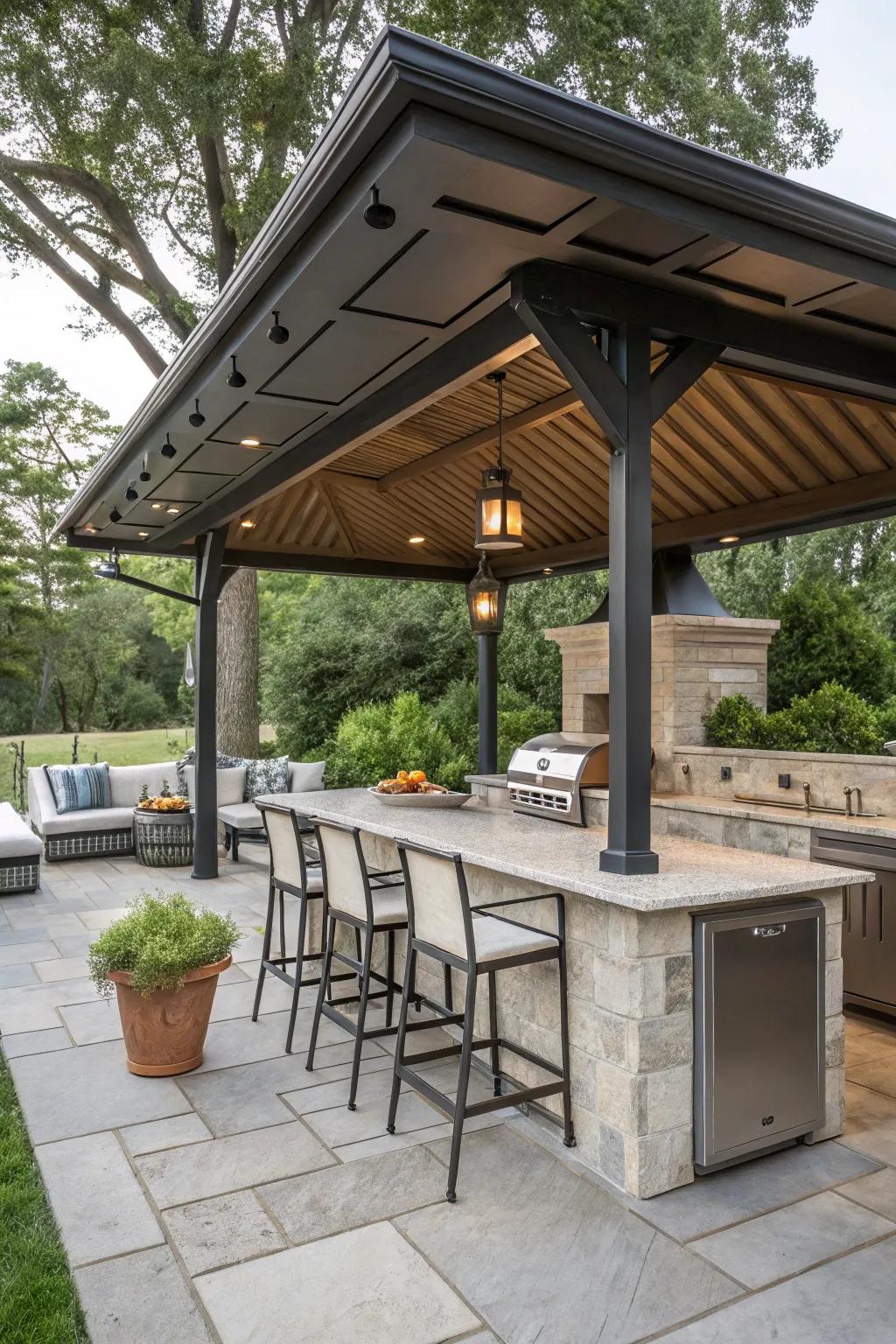 A covered design ensures your outdoor kitchen bar is always ready for use.