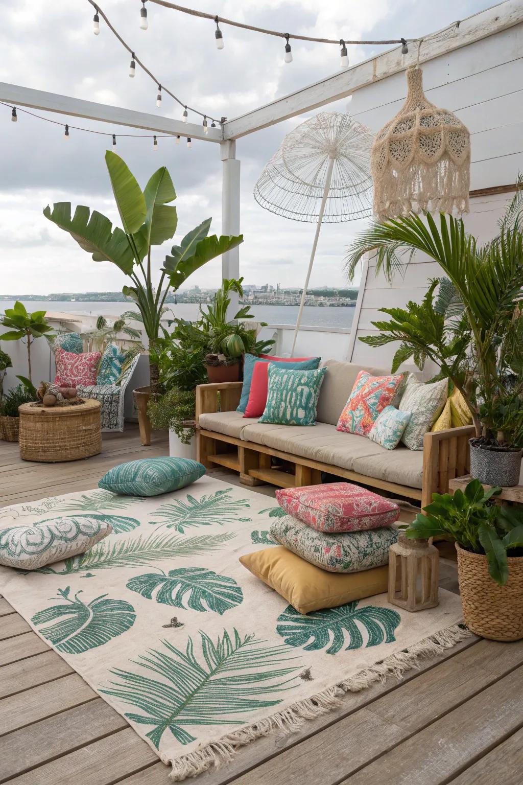 Tropical paradise with palm print rugs.