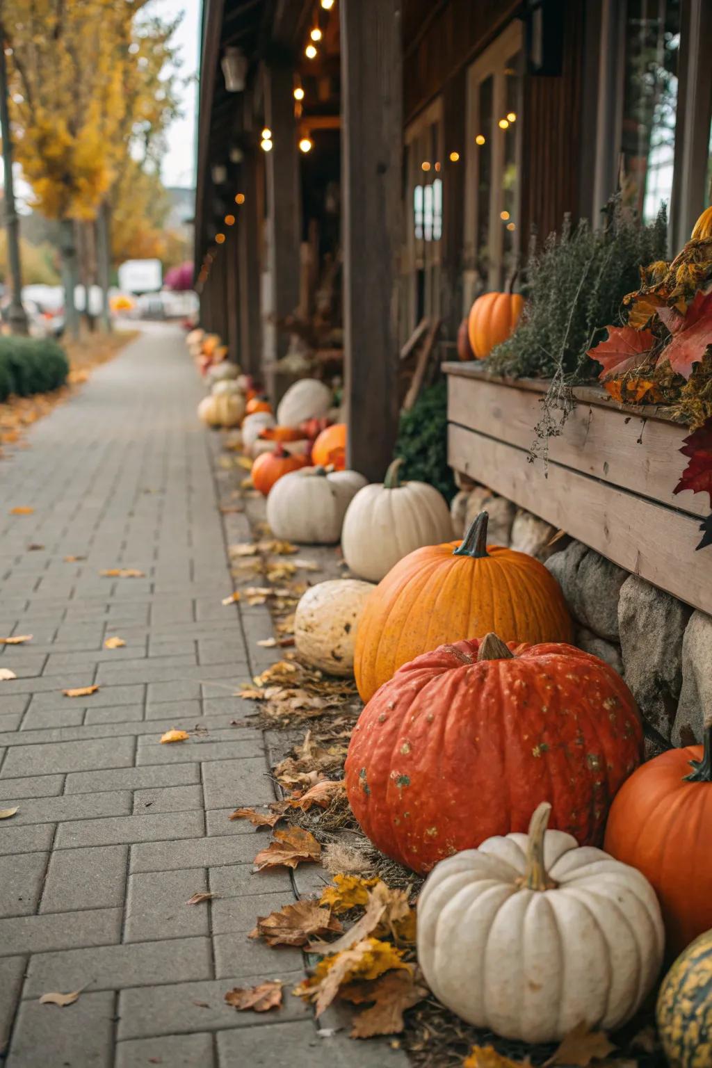 A charming pumpkin parade welcomes guests to your outdoor space.