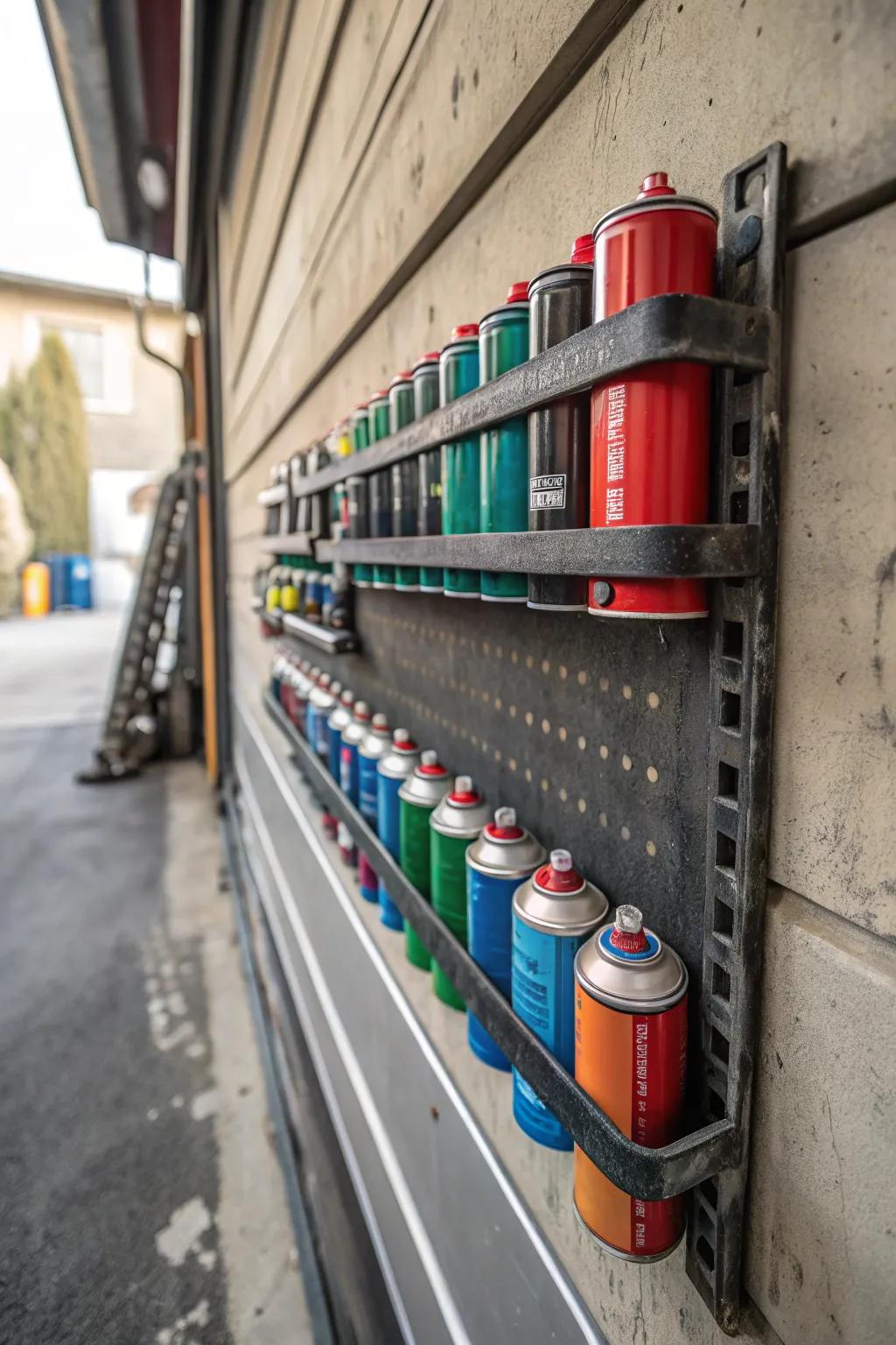 Paint cans stored with magnetic strips on a garage wall.