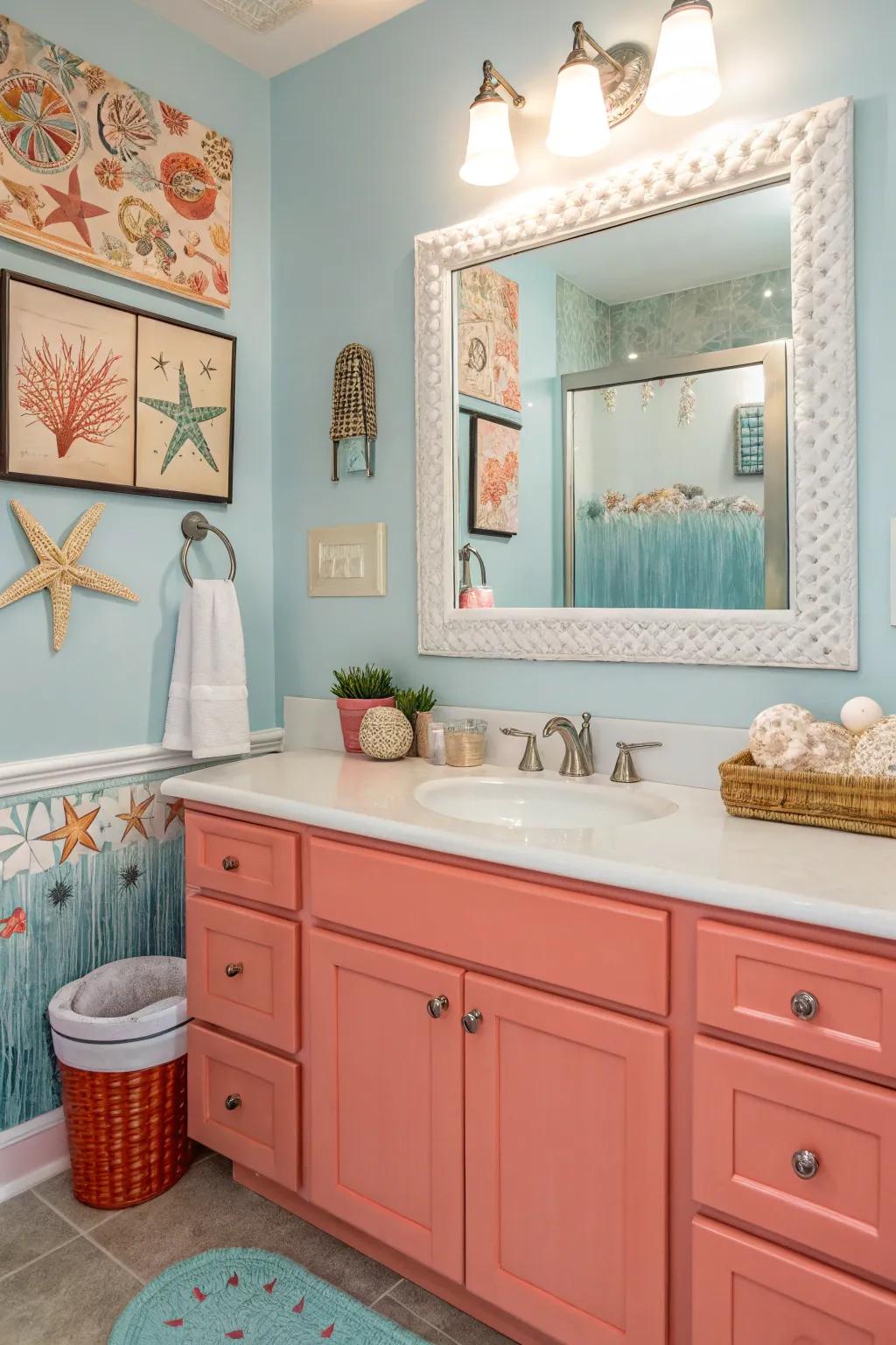 Coral vanities add a charming and cheerful touch.