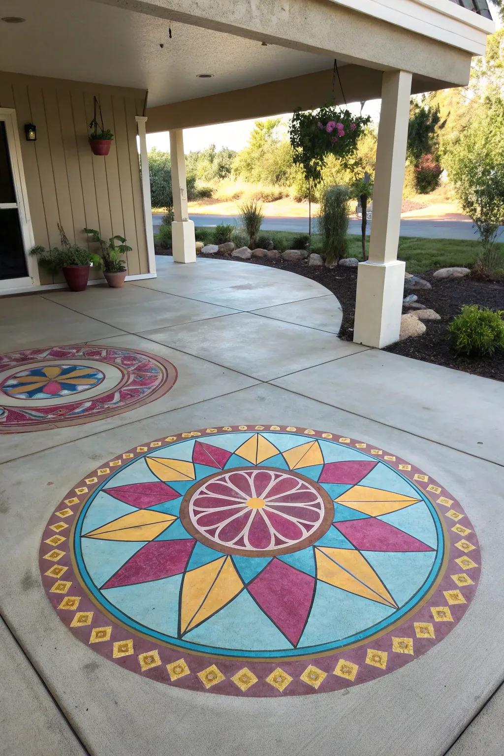 A central medallion design acts as a stunning focal point on this patio.