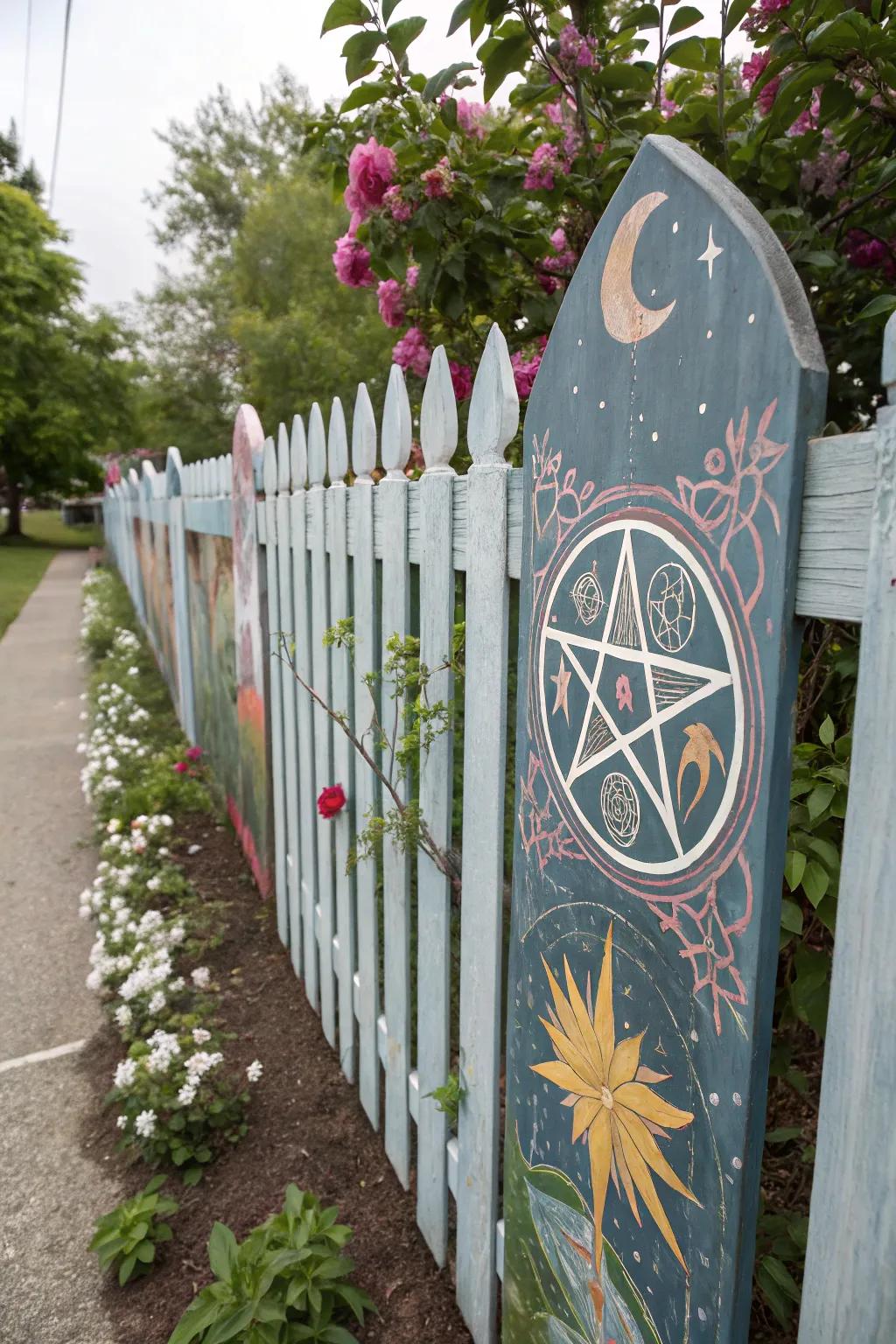 A picket fence transformed into an artistic mural.