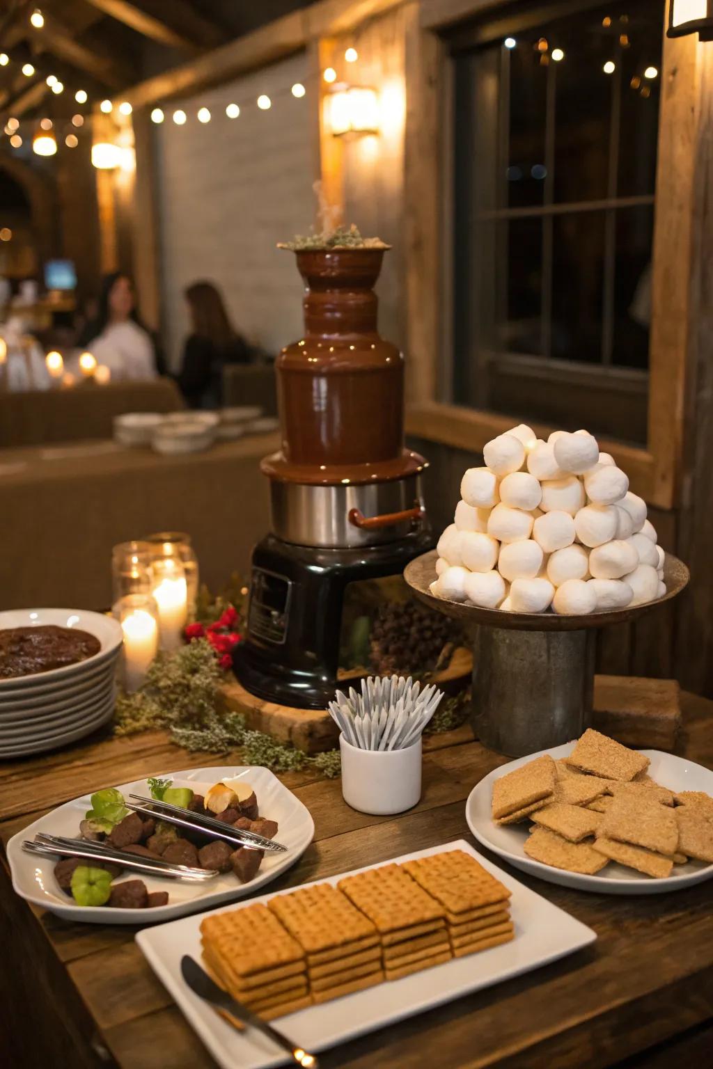 A gourmet s'mores station offering a nostalgic treat with a twist.