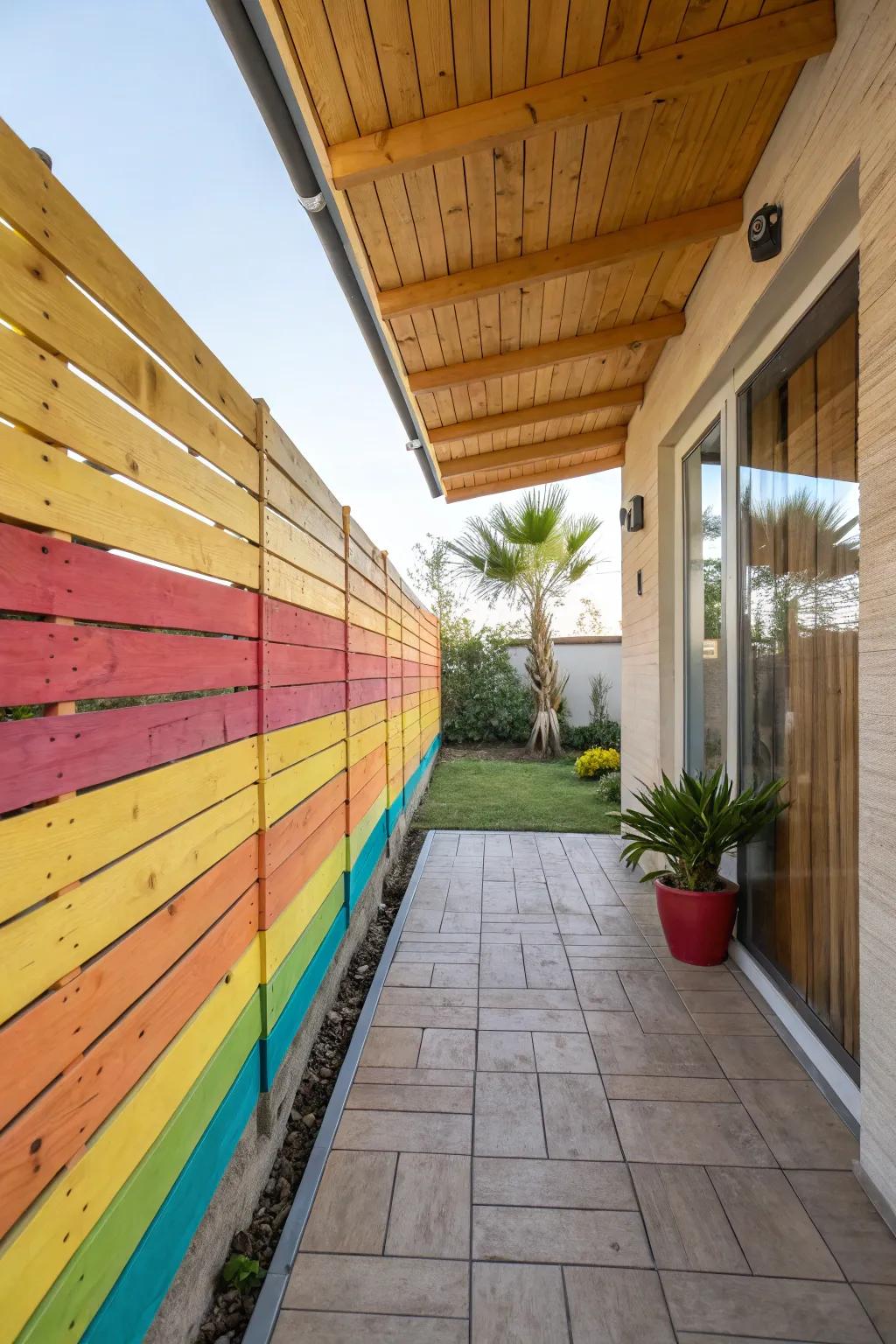 A colorful patio wall with painted wood panels.