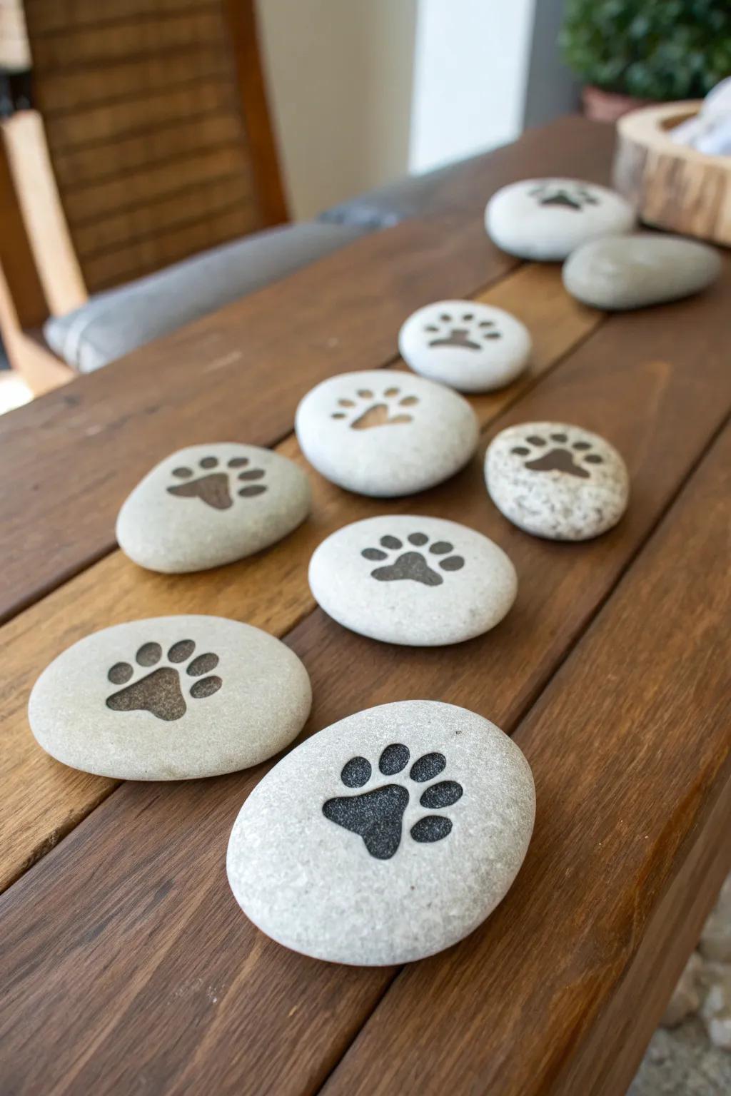 Pocket stones with engraved pet paw prints.