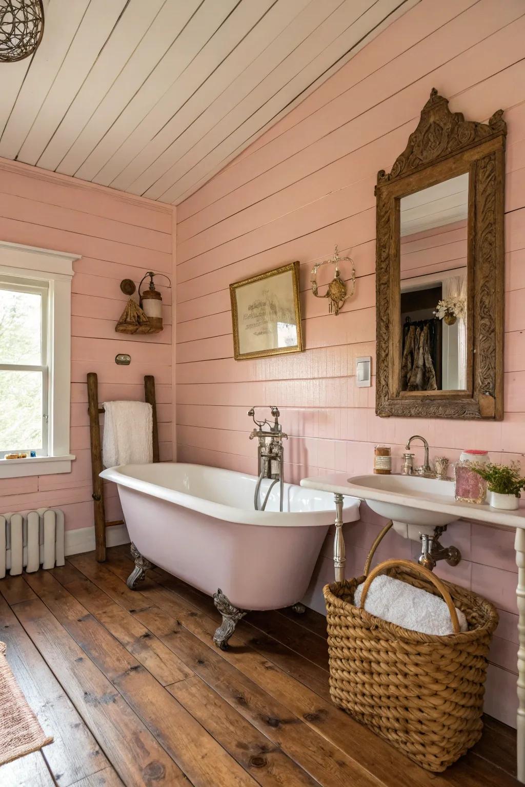 Pink shiplap walls bring rustic charm.