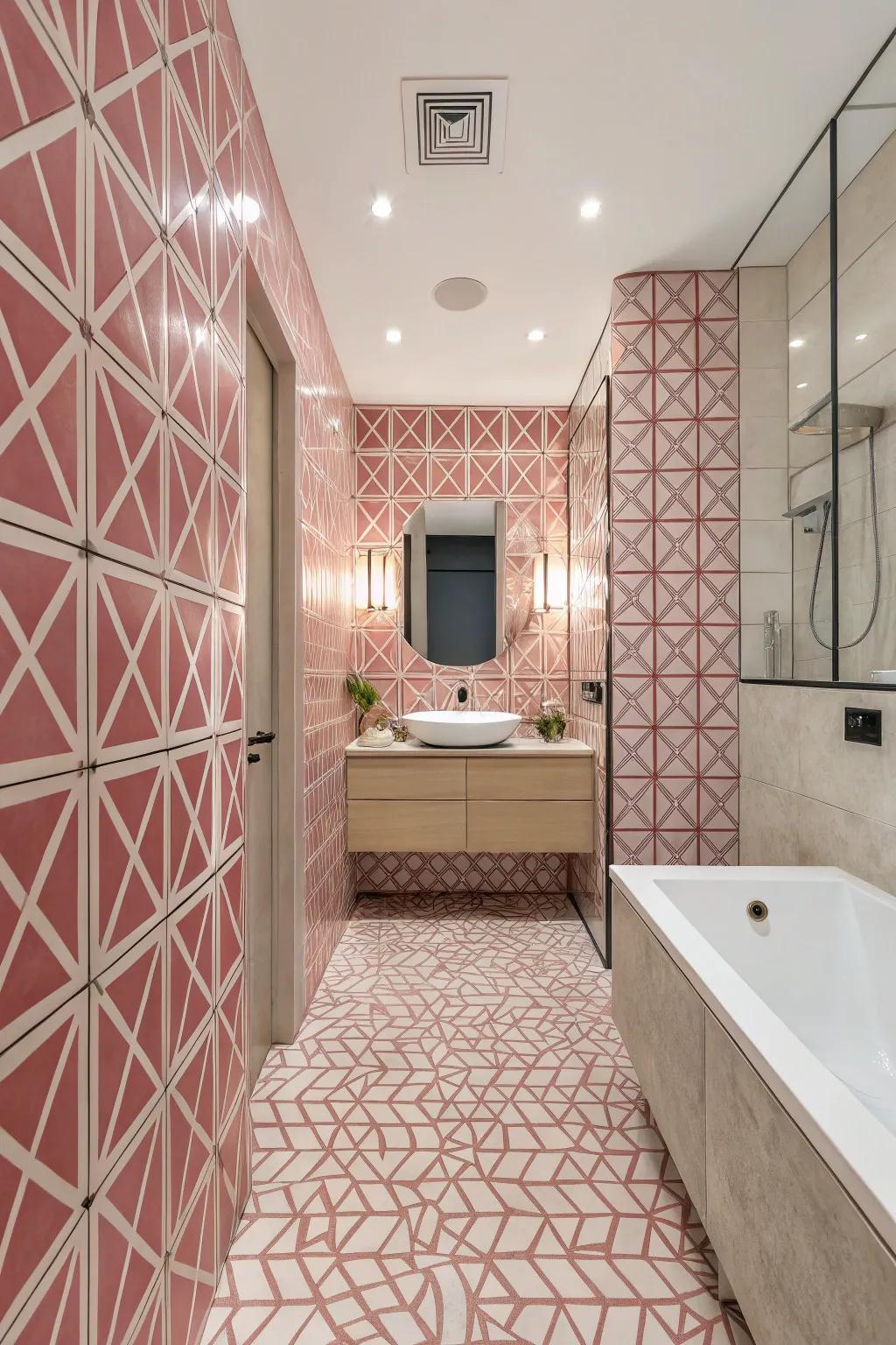 Geometric pink tiles adding a modern touch to the bathroom.